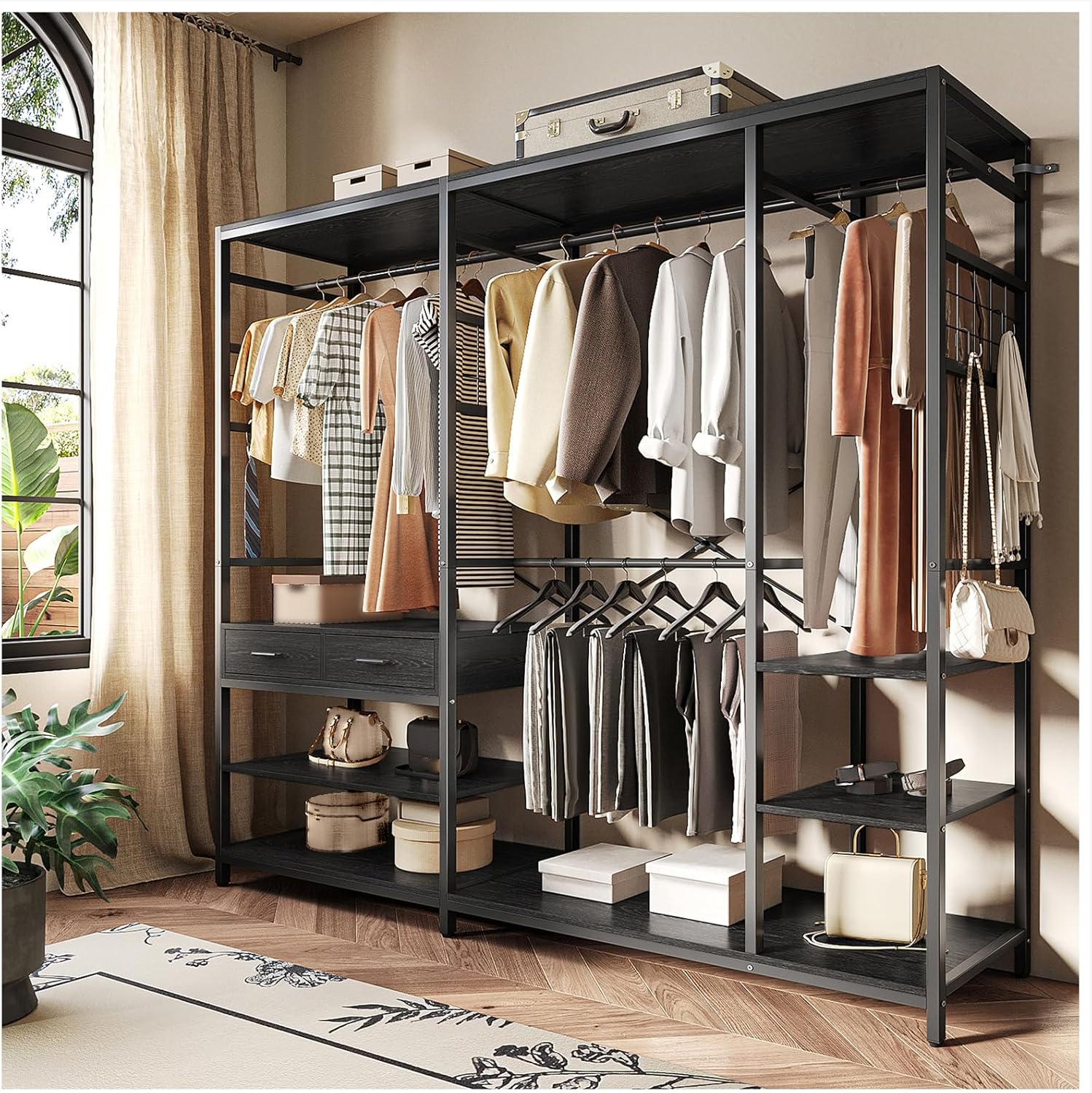 Simple Wisdom Closet Armables Para Ropa,2M Perchero Para Ropa Esquina en Forma de L,Closet Para Ropas Con 2 Cajones de Madera,Rack Para Ropas Con 5 Estantes Abiertos (Negro)