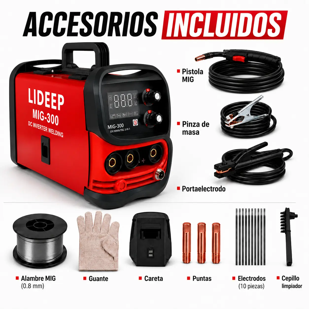 Soldadora inverter 3 en 1 LIDEEP (modelo MIG-250/300, 127 V, compatible con los modos MIG/MMA/TIG), equipada con una pantalla LCD digital; admite soldadura sin gas (con hilo tubular).