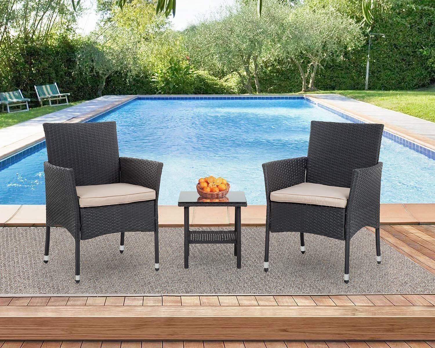 FDW - Juego de Muebles de Patio para Exteriores, Muebles de Mimbre para sillas de ratán con Mesa de Centro para Patio, Patio, césped, Porche, Piscina, balcón, Negro y Beige