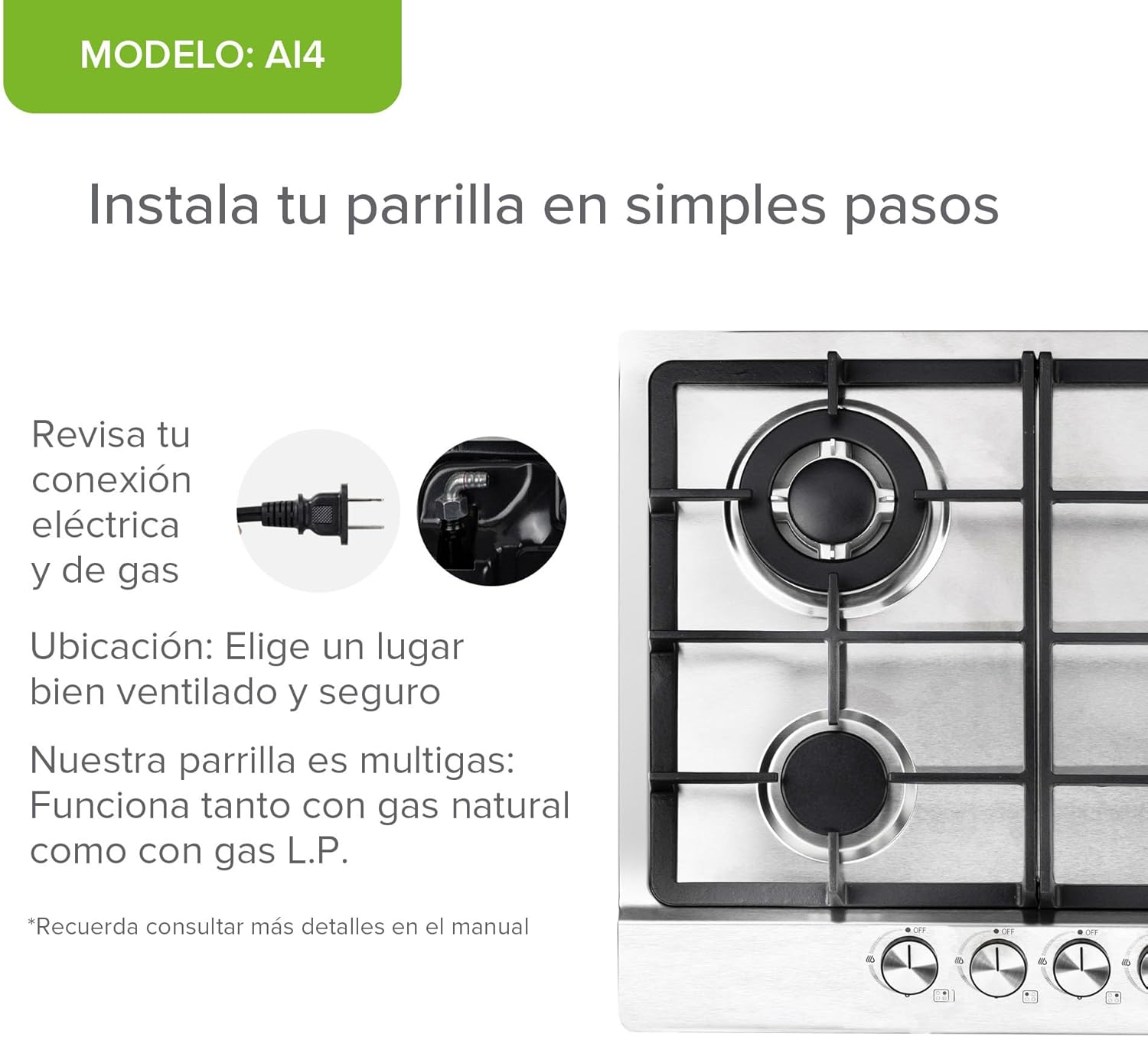 AVERA Parrilla de Gas 4 Quemadores, Acero Inoxidable 60cm (Incluye Accesorios para Instalarla), Encendido Electronico, Perillas Metalicas, Estufa Empotrable, para Gas LP y Gas Natural, AI4