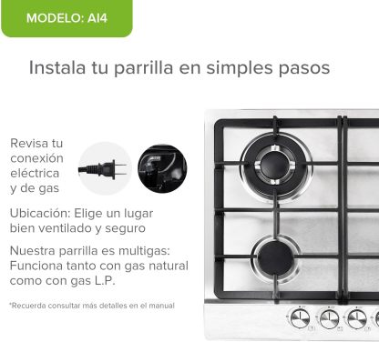 AVERA Parrilla de Gas 4 Quemadores, Acero Inoxidable 60cm (Incluye Accesorios para Instalarla), Encendido Electronico, Perillas Metalicas, Estufa Empotrable, para Gas LP y Gas Natural, AI4