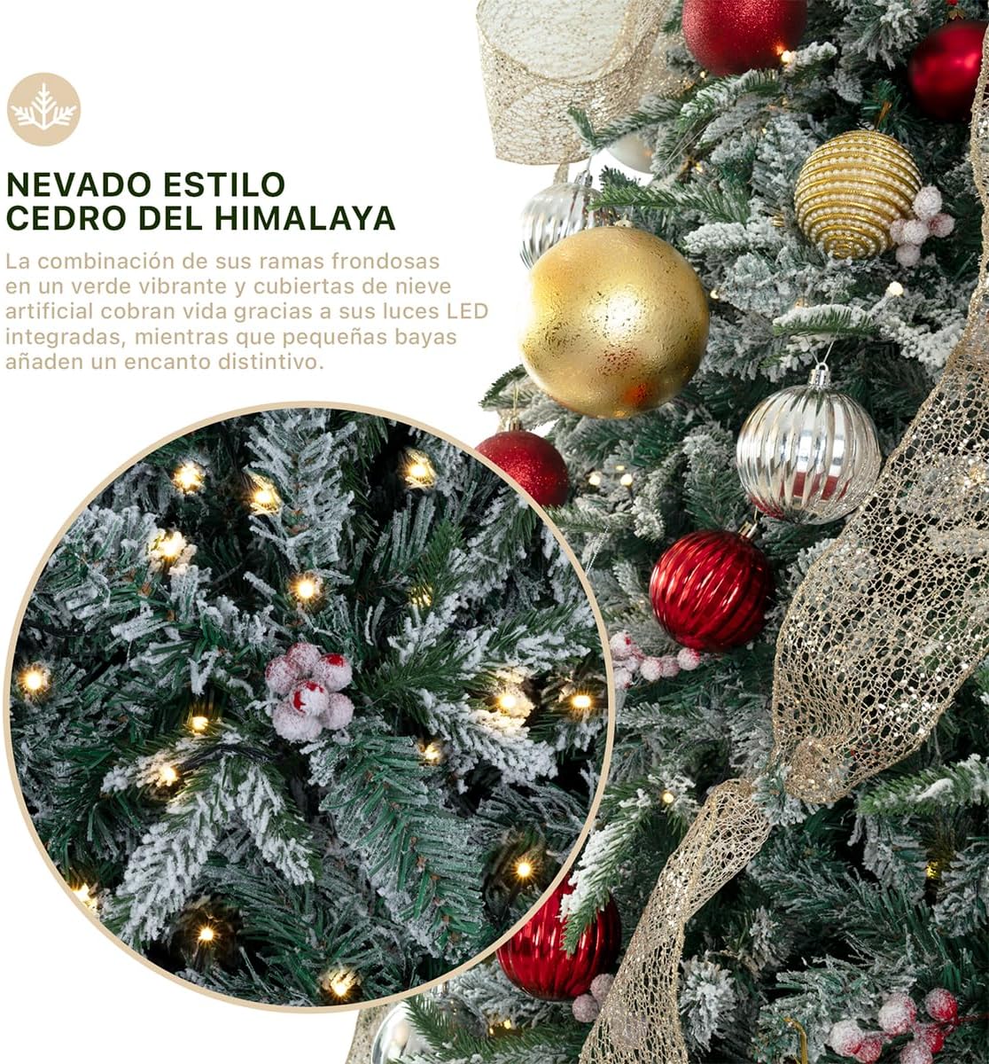 ESQUIMAL Árbol de Navidad Nevado con Luces LED 8 Modos de Iluminación + Estrella + Bayas (Verde Nevado, 1.8 m)