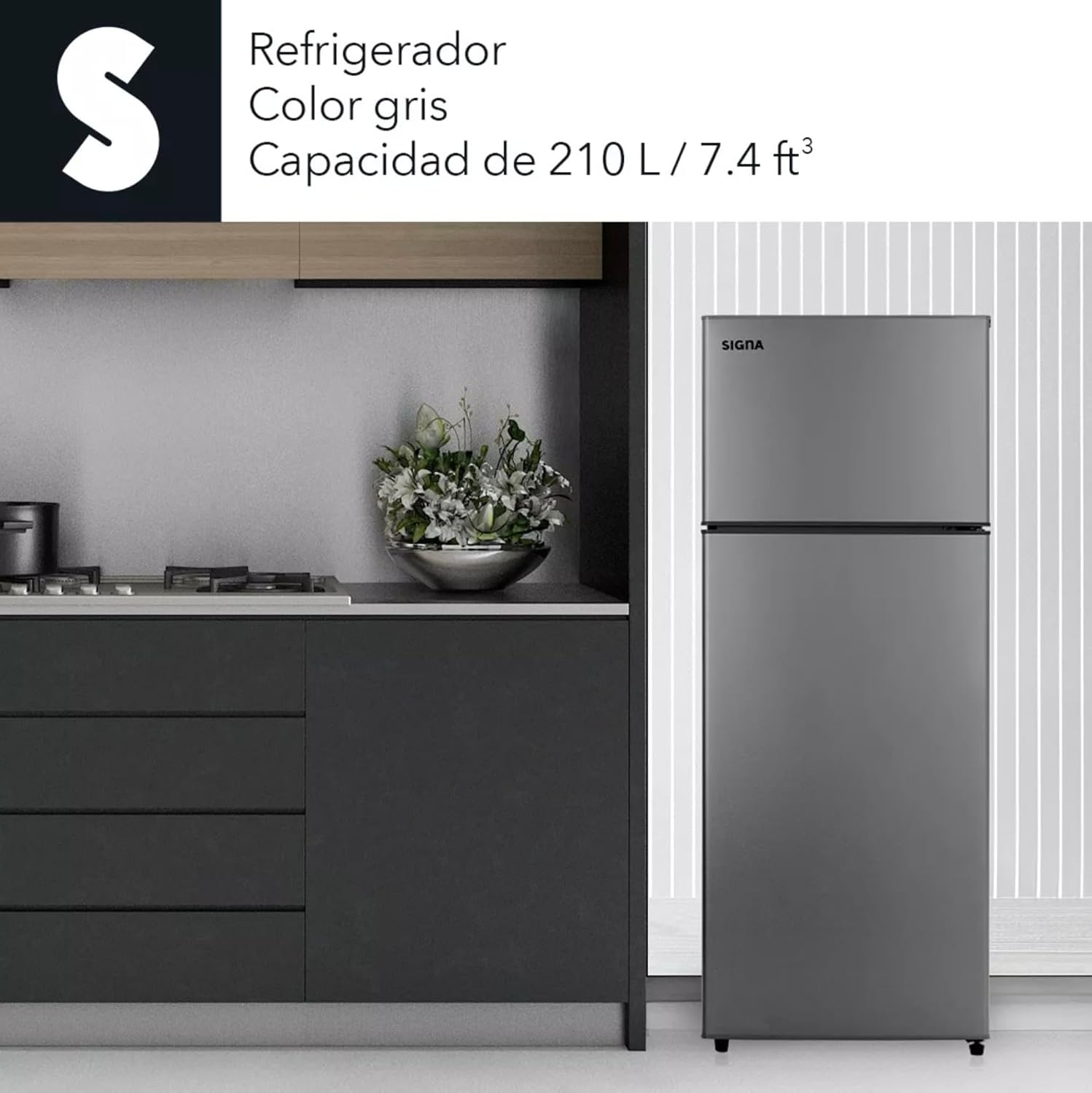 SIGNA Refrigerador 210L (7.4 pies cubicos) Frigobar Compacto Silver Refrigerador Con congelador de Acero Inoxidable Ideal Para Espacios Pequeños Frigobar Multifuncional (Plateado)