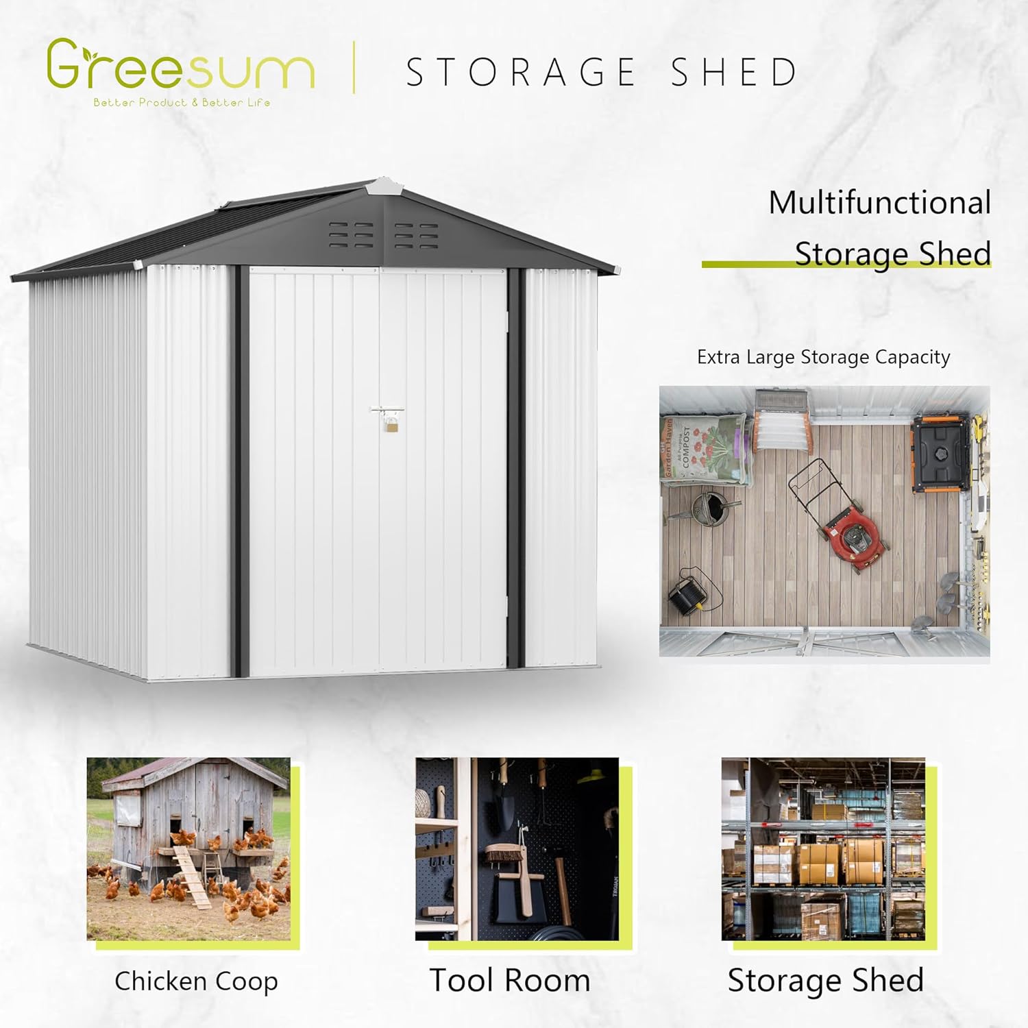 Greesum - Cobertizo de almacenamiento de metal para exteriores, 5 pies x 3 pies, herramienta de acero para cobertizo de almacenamiento con puerta y cerradura, para patio trasero, jardín, patio, césped (5 x 3 pulgadas), color café