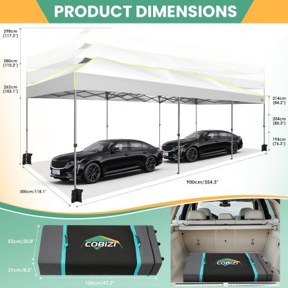 COBIZI - Tienda de campaña desplegable de 10 x 20 Pulgadas, Tienda de campaña instantánea Comercial para Bodas, Fiestas con 3 Altura Ajustable, toldo Ez Up para Exteriores, Impermeable, UPF50+ con