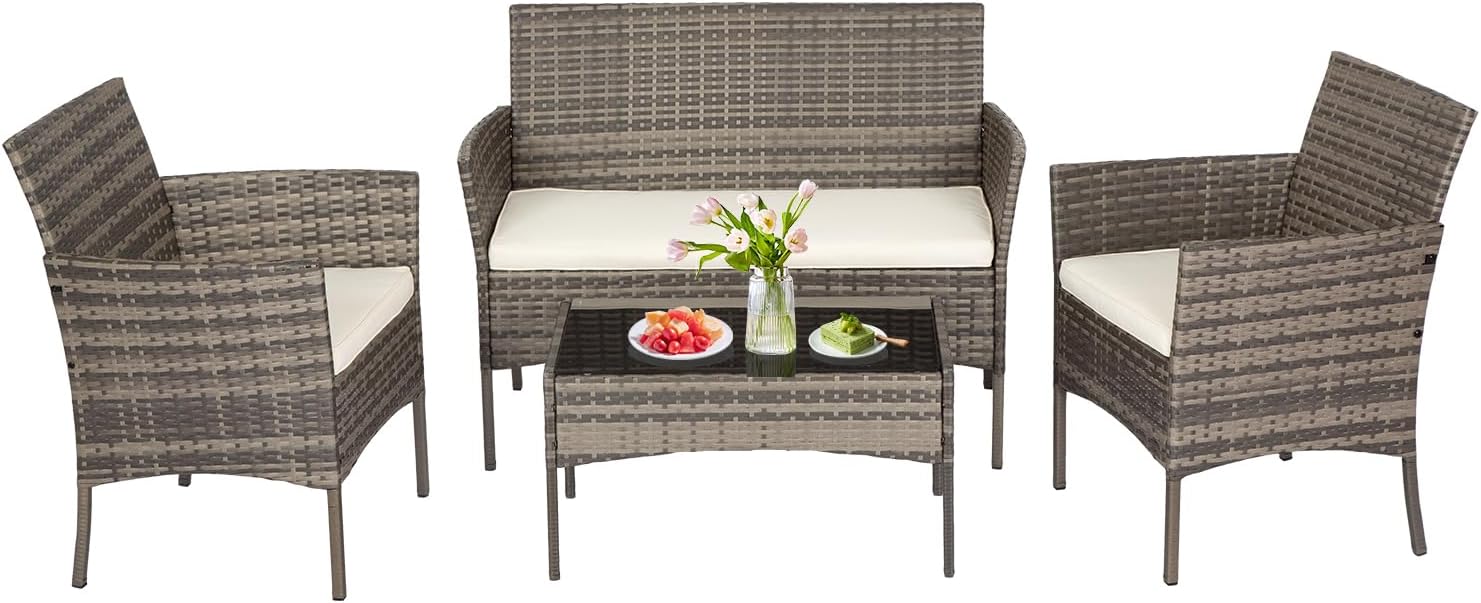 FDW - Juego de 4 muebles para exteriores, juego de conversación de mimbre con silla de ratán, mesa de centro para exteriores, interiores, jardín, patio, porche, terraza, balcón, cojines de mimbre