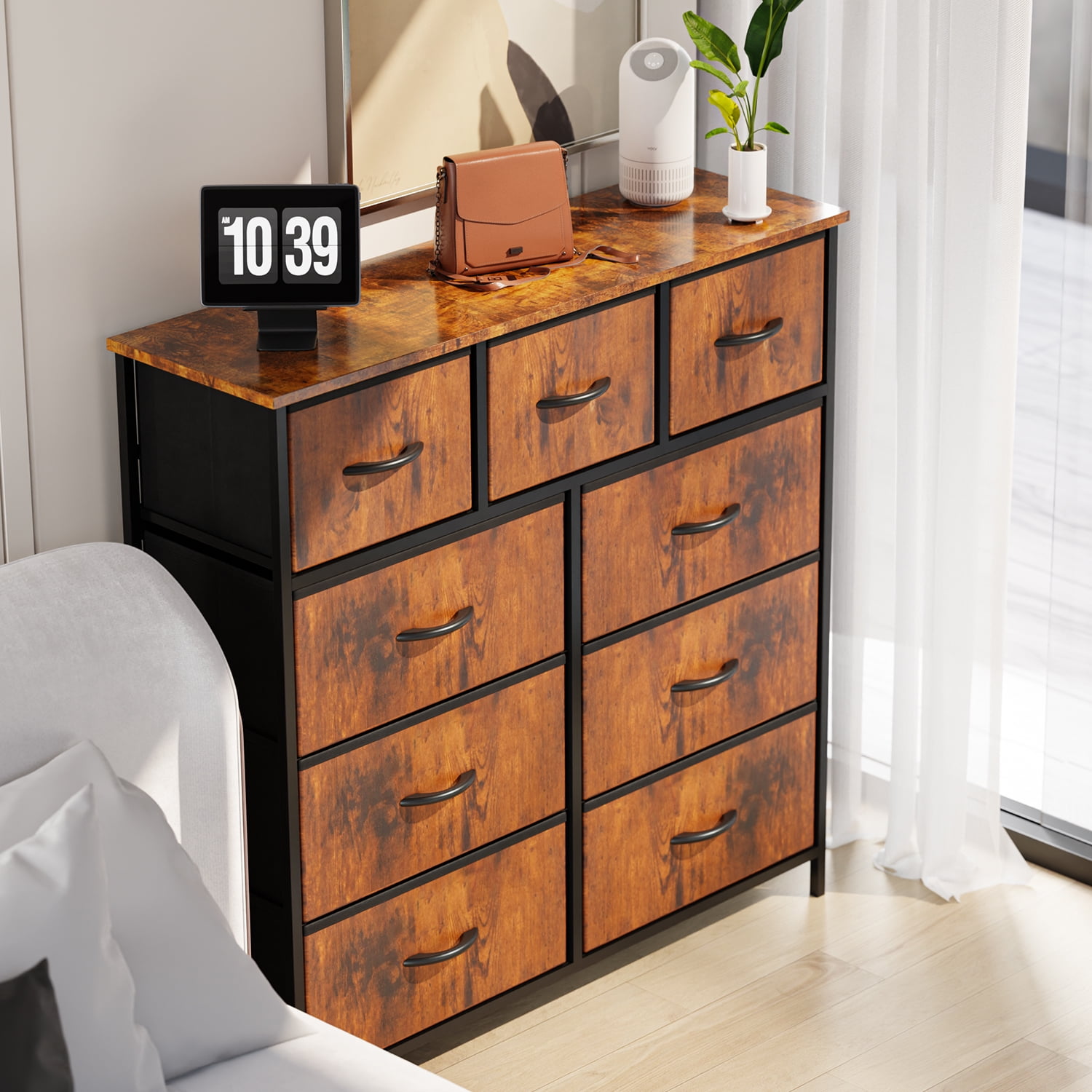 Yanming Cómoda de Tela con 9 cajones, Estructura de Acero y Tapa de Madera para Dormitorio, Armario, Entrada