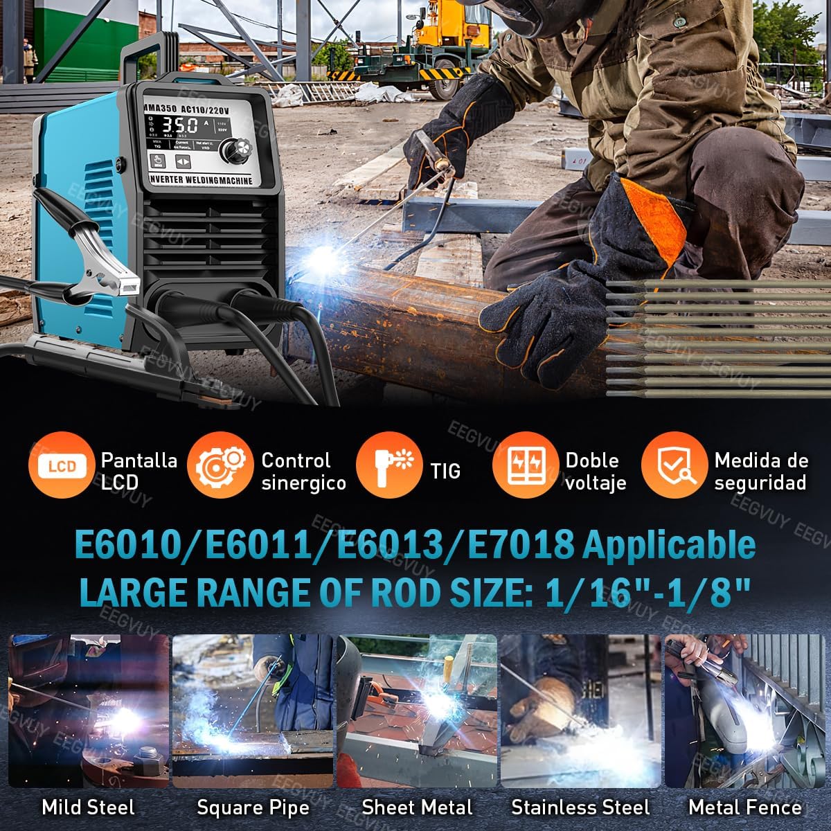 Máquina de Soldar Inverter 2 en 1, 350A, Dual Voltaje 110V/220V, MMA/TIG, Control Digital, Arco Estable con Funciones de Protección y Sistema de Disipación de Calor Eficiente