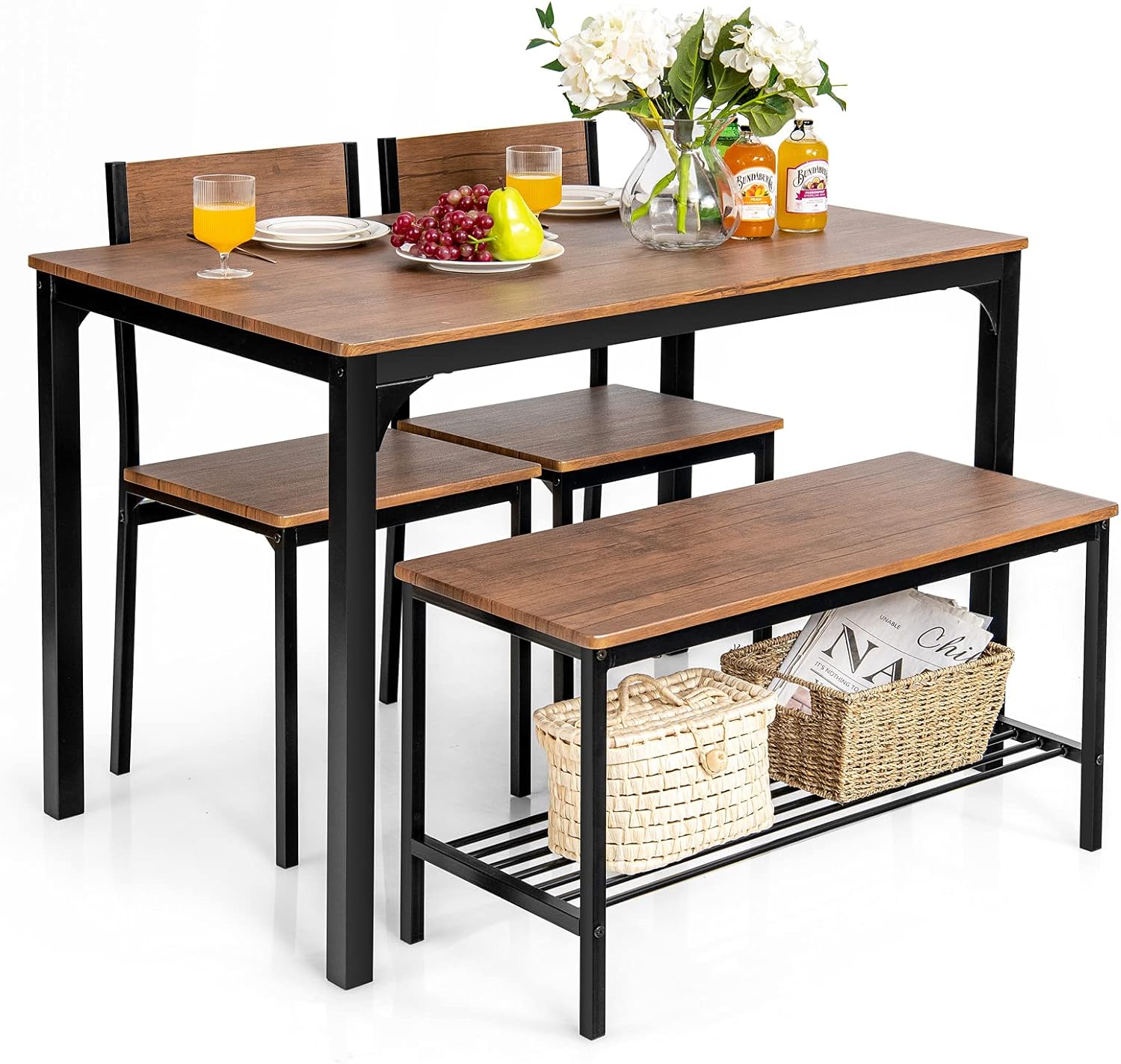Giantex - Juego de mesa de comedor para 4, mesa de cocina con banco y sillas, banco industrial para reuniones, escritorio funcional, con marco de metal y estante de almacenamiento (marrón)