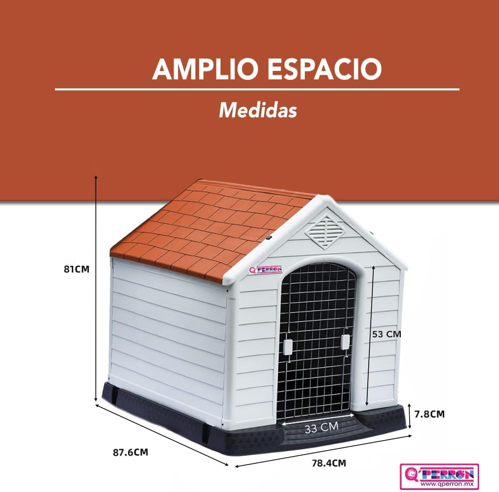 Q PERRON Casa para Perro Mediano con Puerta Metálica | para Exterior - Resistente al Agua | Térmica con Ventilación | Piso Elevado | 88 X 79 X 82 cm.