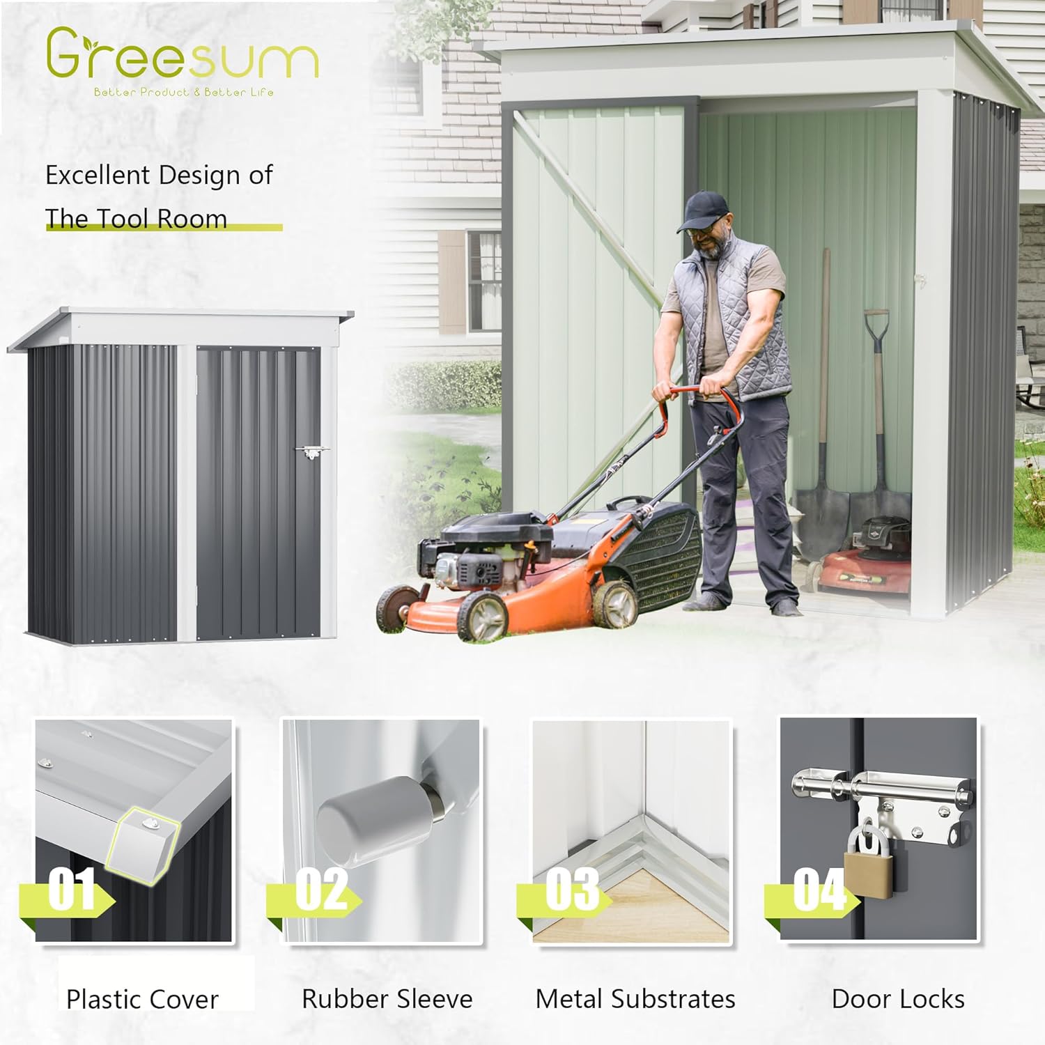 Greesum - Cobertizo de almacenamiento de metal para exteriores, 5 pies x 3 pies, herramienta de acero para cobertizo de almacenamiento con puerta y cerradura, para patio trasero, jardín, patio, césped (5 x 3 pulgadas), color café