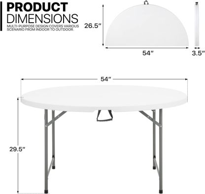 Mesa plegable redonda de 4.5 pies, mesa de comedor de plástico para interiores y exteriores con asa y cerradura para picnic, fiesta, banquete, boda, color blanco