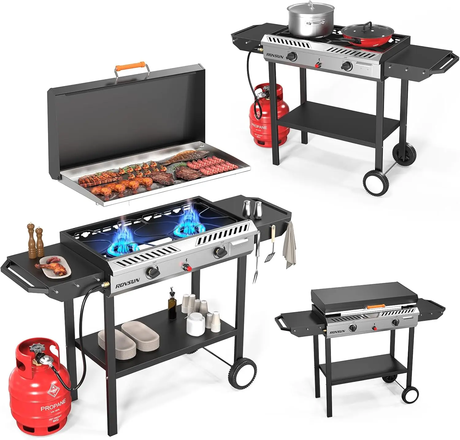 Estufa de gas propano para exteriores de 2/3 quemadores con plancha, encendido automático, regulador y estantes laterales; potente cocina con soporte de 150.000/225.000 BTU, ideal para cocinar en el patio trasero, elaboración casera de bebidas, envasado,
