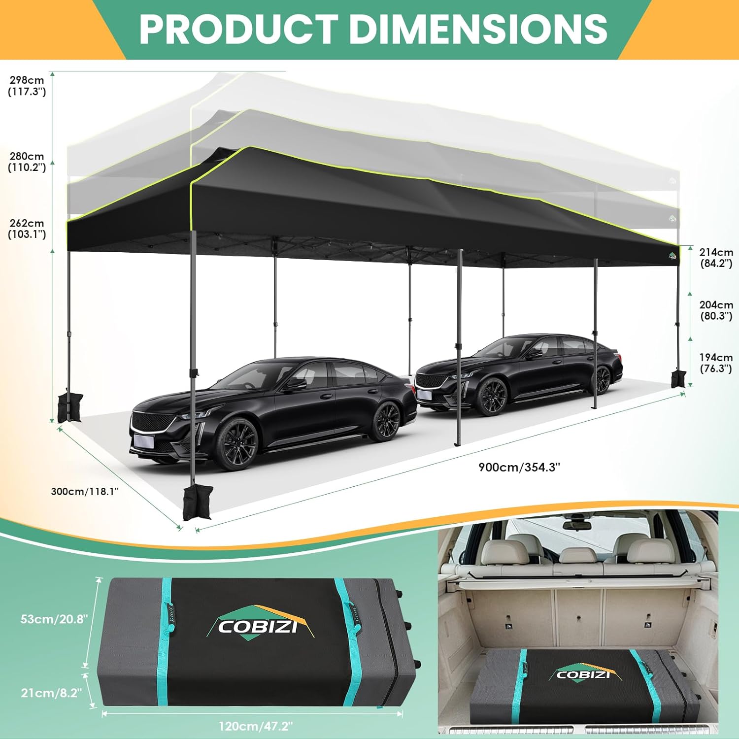 COBIZI - Tienda de campaña desplegable de 10 x 20 Pulgadas, Tienda de campaña instantánea Comercial para Bodas, Fiestas con 3 Altura Ajustable, toldo Ez Up para Exteriores, Impermeable, UPF50+ con