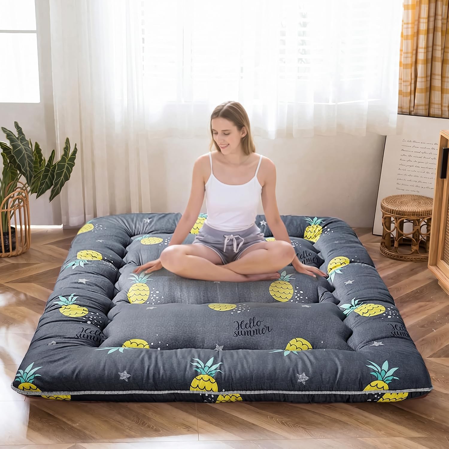 MAXYOYO - Puf plegable para sofá, cama, colchón de piso para adultos, extra grueso, 6 pliegues, sofá para recámara, sala de estar, beige, 135 x 240 cm