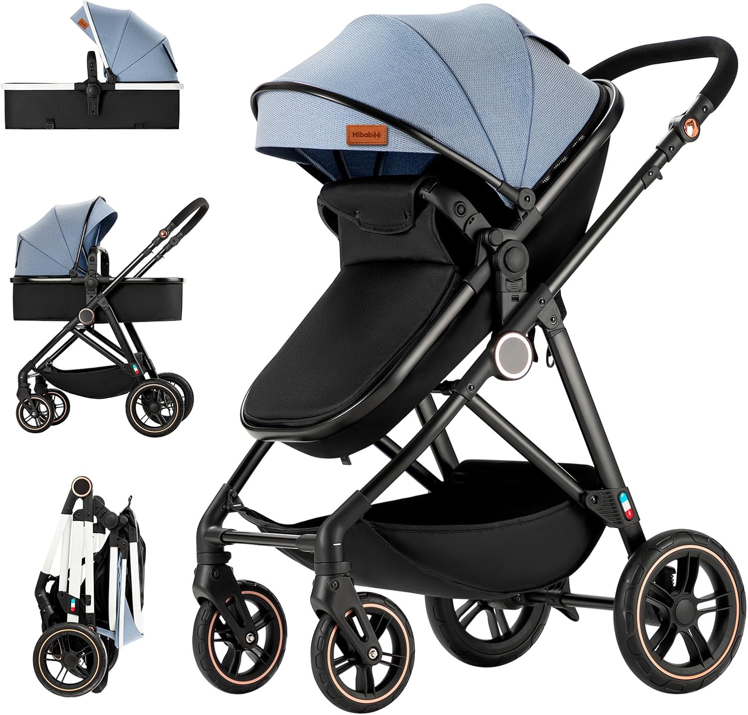 VANGUA Carriola para Bebé con Diseño de Amplia Vista, Llantas de Caucho a Prueba de Explosiones, Sistema de Amortiguadores Atenuantes, Asiento con Dirección Ajustable, Reclinable Multi Posición, Toldo Protector Solar, Ventana de Ventilación, Estructura