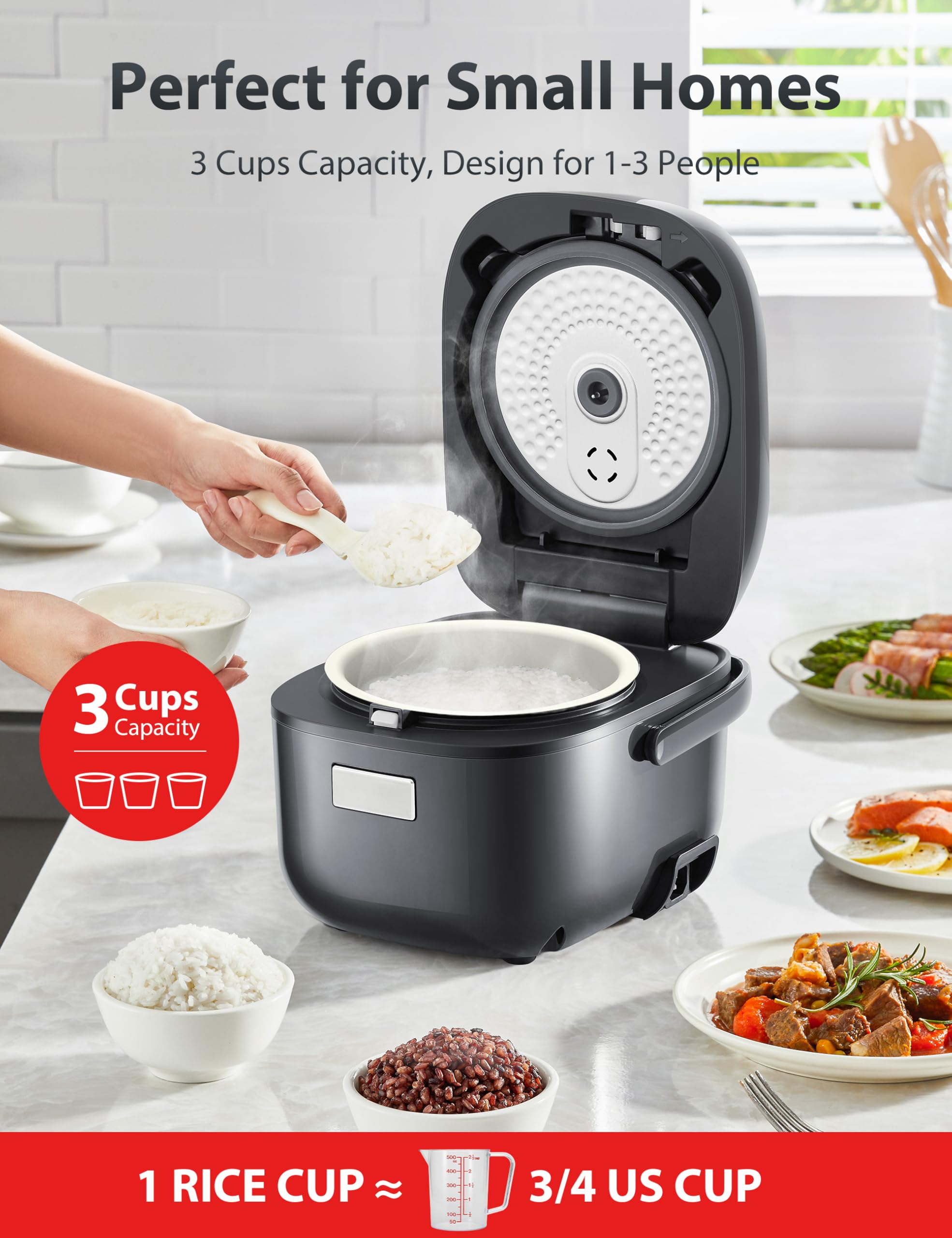 TOSHIBA Arrocera pequeña de 3 tazas sin cocinar, visualización LCD con 8 funciones de cocción: arroz, avena, frijoles mezclados y más, olla interior antiadherente, gris