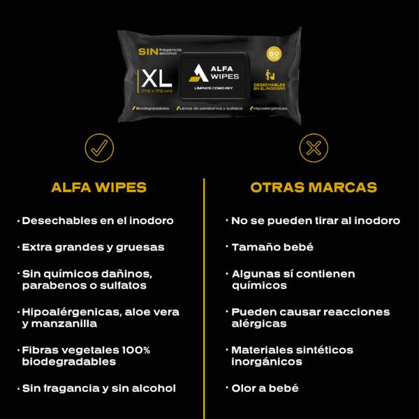 Alfa Wipes Toallitas Humedas para Adulto Extra Grandes y Gruesas, Desechables en Inodoro, Libres de Fragancias, Hipoalergénicas, con Aloe, Vitamina E, Manzanilla | 6 paquetes con 50 toallitas c/u (300 Toallitas)