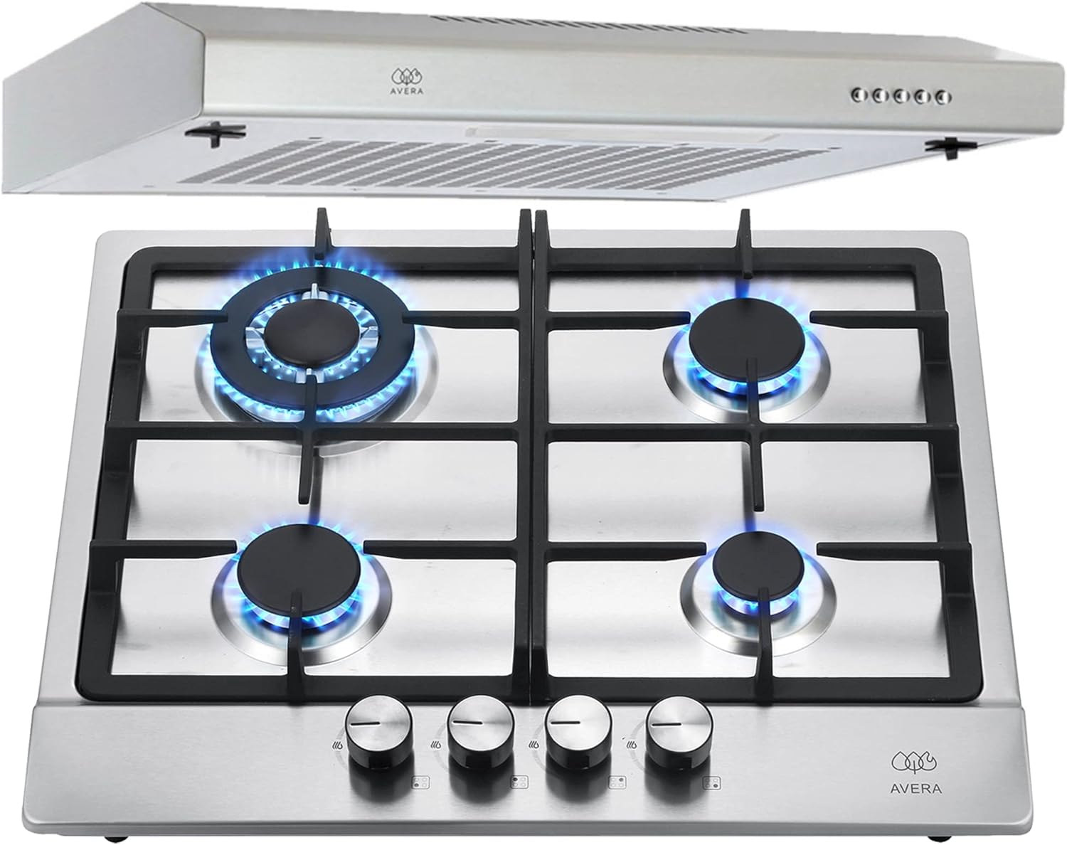 AVERA Combo Parrilla de Gas 4 Quemadores + Campana de Pared 60cm | Acero Inoxidable, Encendido Electrónico, Filtros Lavables y de Carbón, Iluminación LED, Succión de 3 Velocidades | AI4 + CEA60