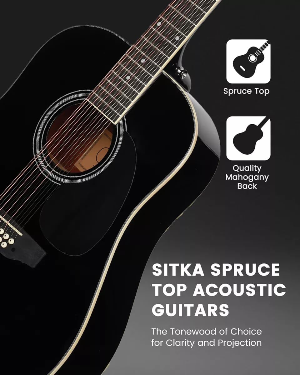 Jidyous-41 Inch,4/4,Guitarra Electroacústica 12 cuerdas,con Funda Acolchada, afinadores, Tirantes de guitarra,cuerdas, paletas, capó, adecuada para adultos jóvenes de nivel medio (Black)
