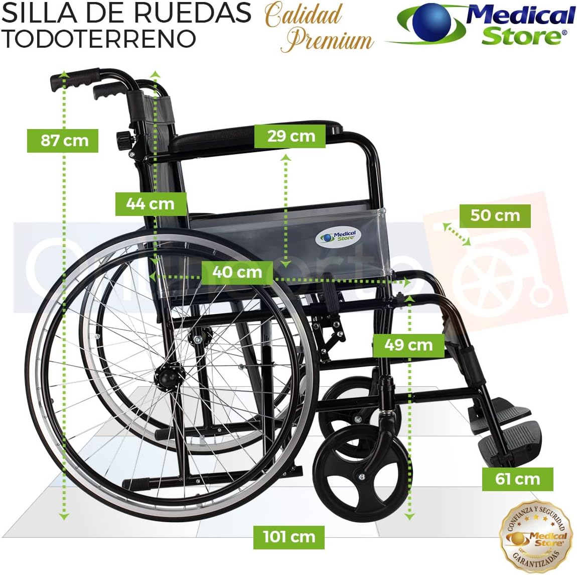 MEDICAL STORE Silla de Ruedas, Modelo 809F, Acero Resistente, Descansapies Desmontables, Descansabrazos Fijos Rectos, Asiento y Respaldo de Vinil Alta Resistencia. (ROJO)