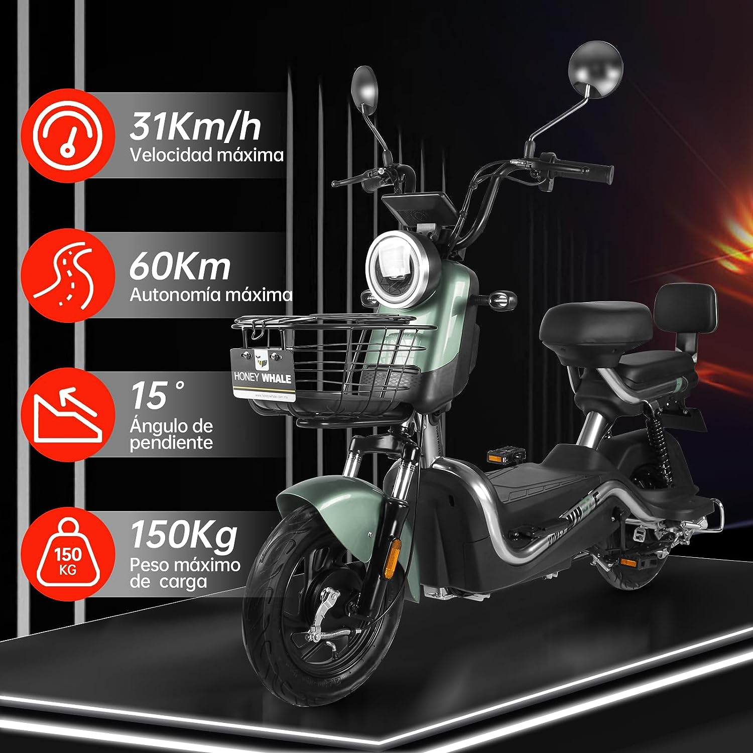 HONEYWHALE U3s Bicicleta Electrica para Adultos, Bicimoto Eléctrica con Alarma, Máxima del Motor 650W, Velocidad Máxima 31KM/H, Autonomía 55-60KM, Baterías de Gran Capacidad de 20AH, Dos Asientos