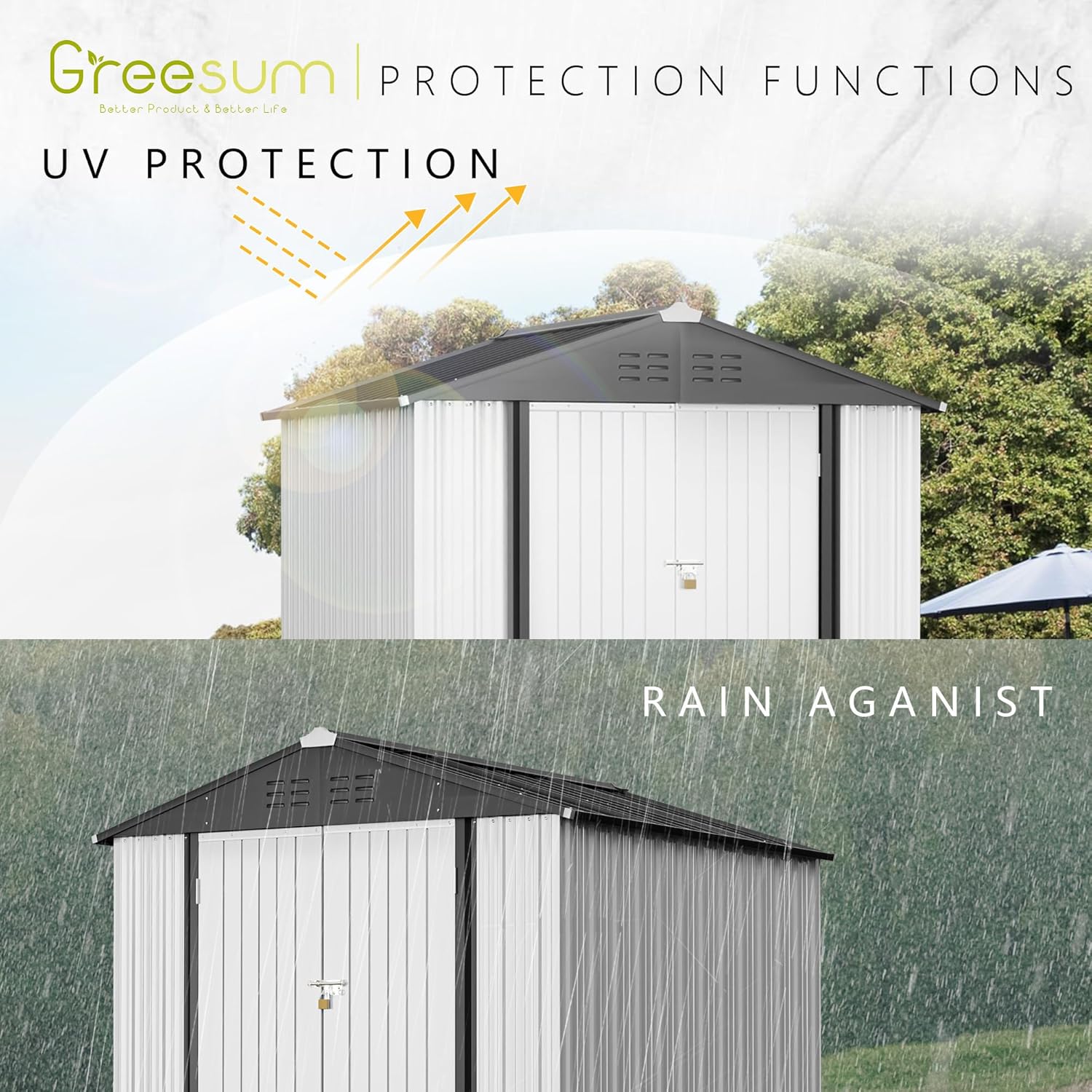 Greesum - Cobertizo de almacenamiento de metal para exteriores, 5 pies x 3 pies, herramienta de acero para cobertizo de almacenamiento con puerta y cerradura, para patio trasero, jardín, patio, césped (5 x 3 pulgadas), color café