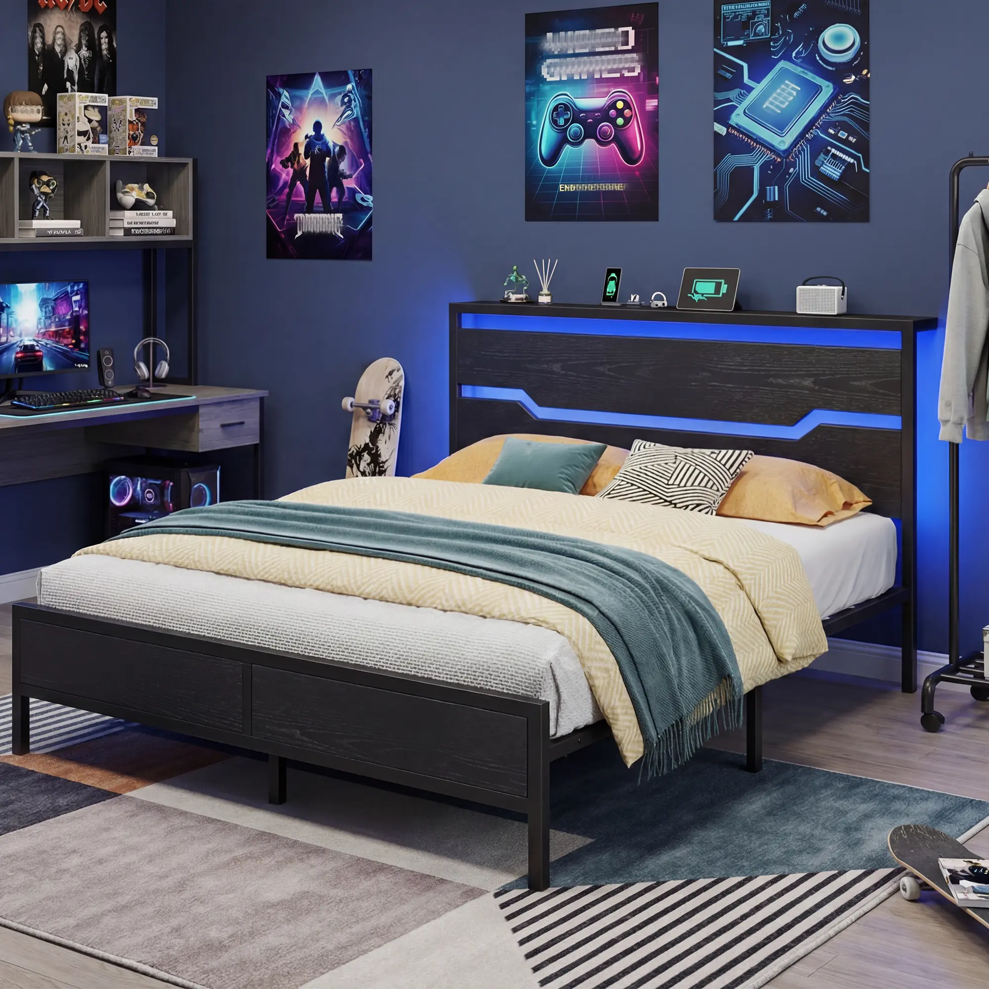 Estructura de cama Raybee con luces LED (tamaños Queen, King y Full), cabecero y estante de almacenamiento; diseño moderno e industrial de madera y metal con estación de carga integrada; silenciosa y resistente (capacidad de 900 libras); incluye somier de