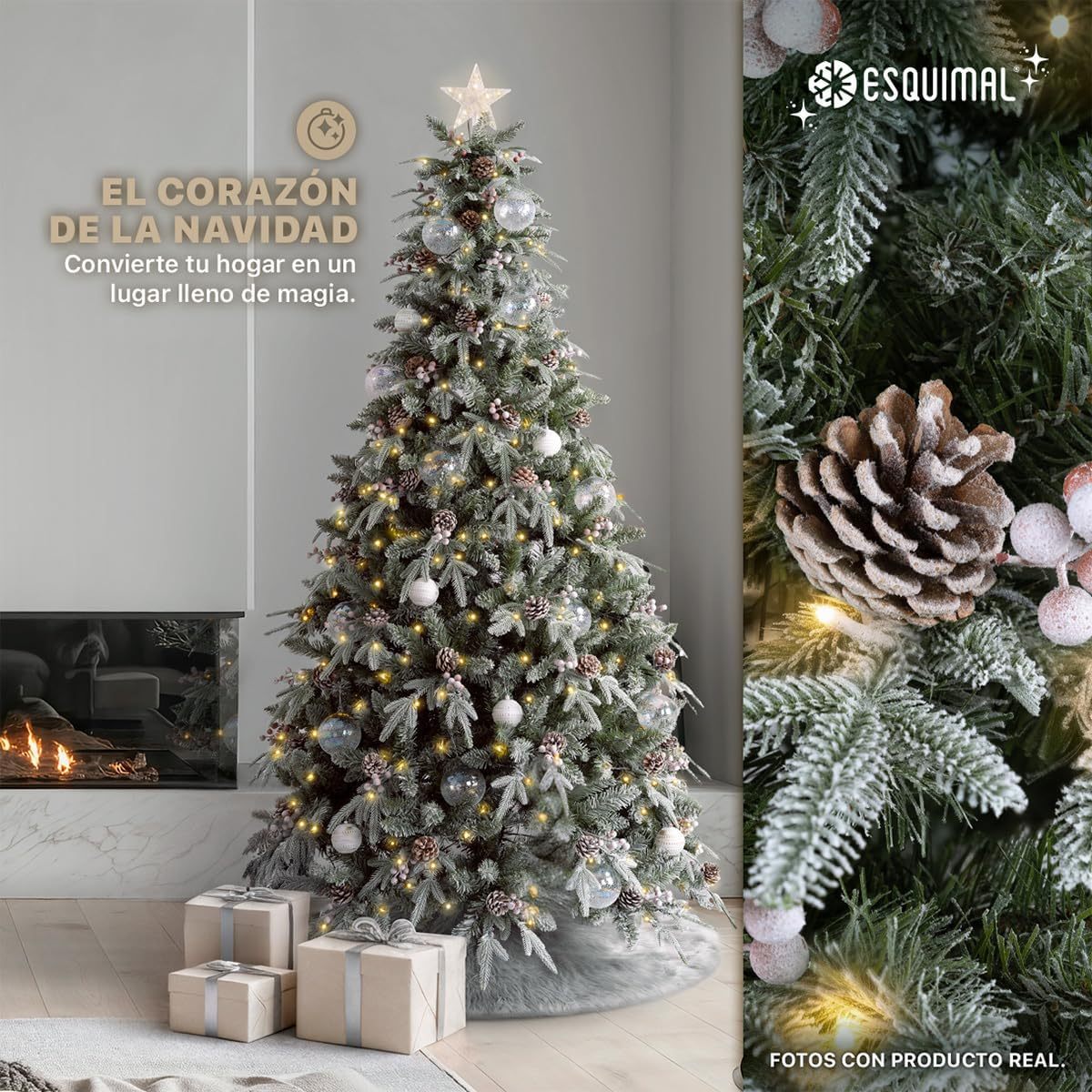 ESQUIMAL Árbol de Navidad Nevado con Luces LED 8 Modos de Iluminación + Estrella + Piñas + Bayas Rojas (1.80 m)