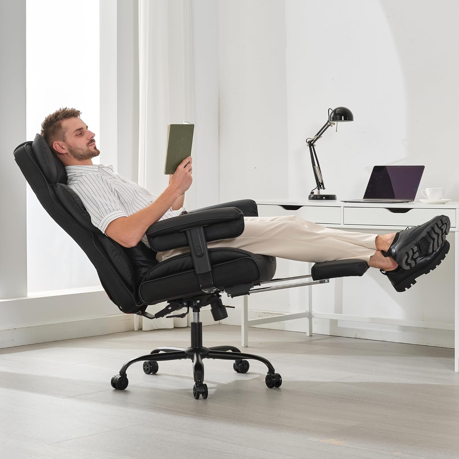 Gzagdecr - Silla de oficina grande y alta de 400 libras, silla de juego de piel sintético con respaldo alto, silla reclinable, silla de oficina ergonómica ejecutiva, soporte lumbar, silla de