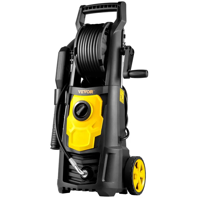 Hidrolavadora eléctrica de 2000 PSI, caudal máximo de 1.76 GPM, con manguera y carrete de 9 metros, 5 boquillas de conexión rápida, cañón de espuma, portátil para limpiar patios, coches, vallas y entradas de vehículos.