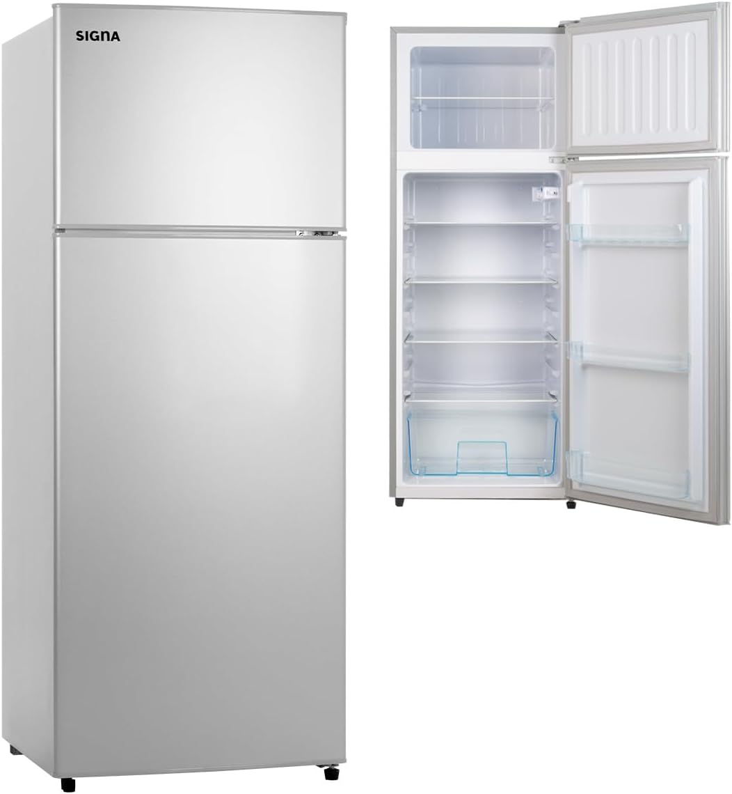 SIGNA Refrigerador 210L (7.4 pies cubicos) Frigobar Compacto Silver Refrigerador Con congelador de Acero Inoxidable Ideal Para Espacios Pequeños Frigobar Multifuncional (Plateado)