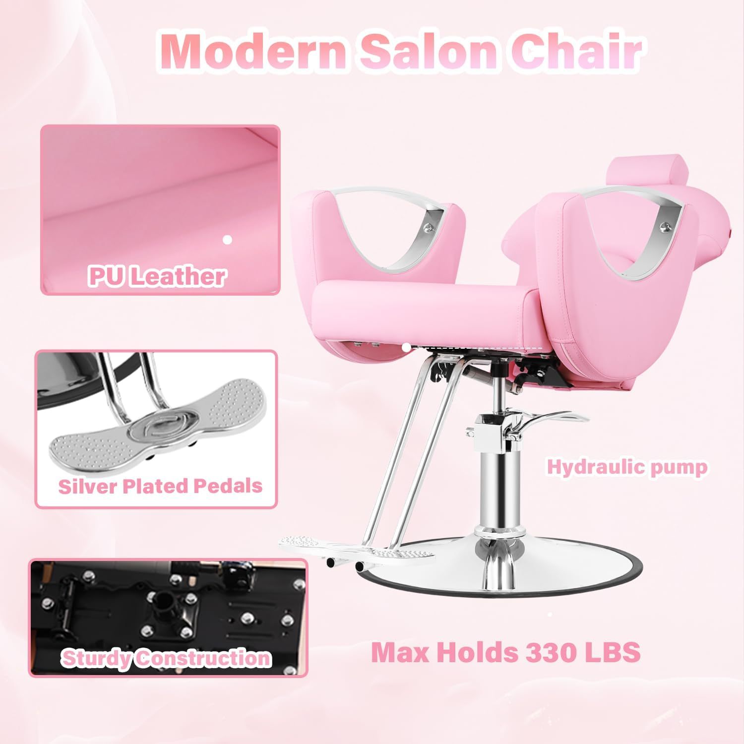 Silla de peluquero de salón, silla reclinable para peluquero, silla de peluquería con bomba hidráulica resistente, silla de peluquería giratoria de 360 grados para peluquería en casa, color rosa