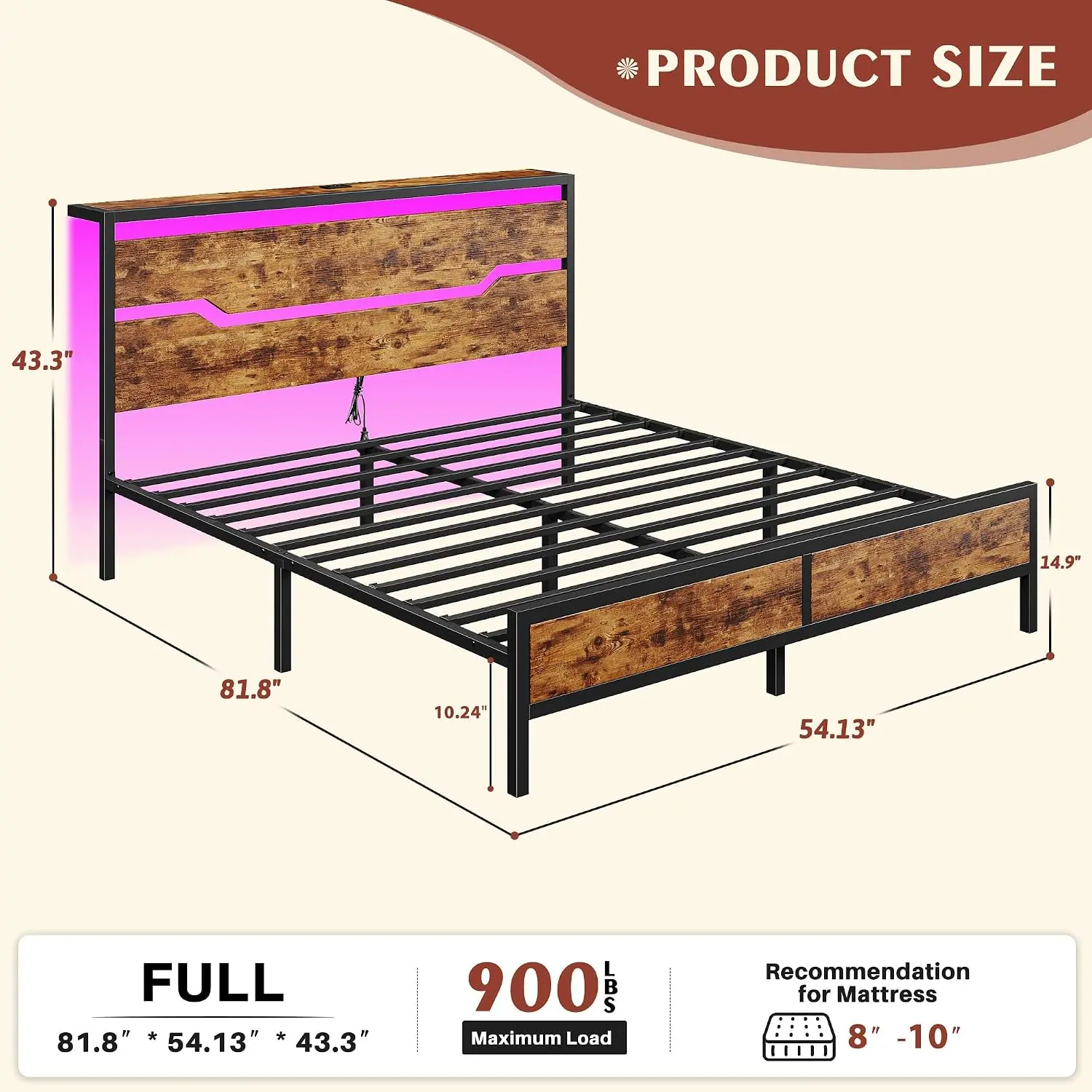 Estructura de cama Raybee con luces LED (tamaños Queen, King y Full), cabecero y estante de almacenamiento; diseño moderno e industrial de madera y metal con estación de carga integrada; silenciosa y resistente (capacidad de 900 libras); incluye somier de