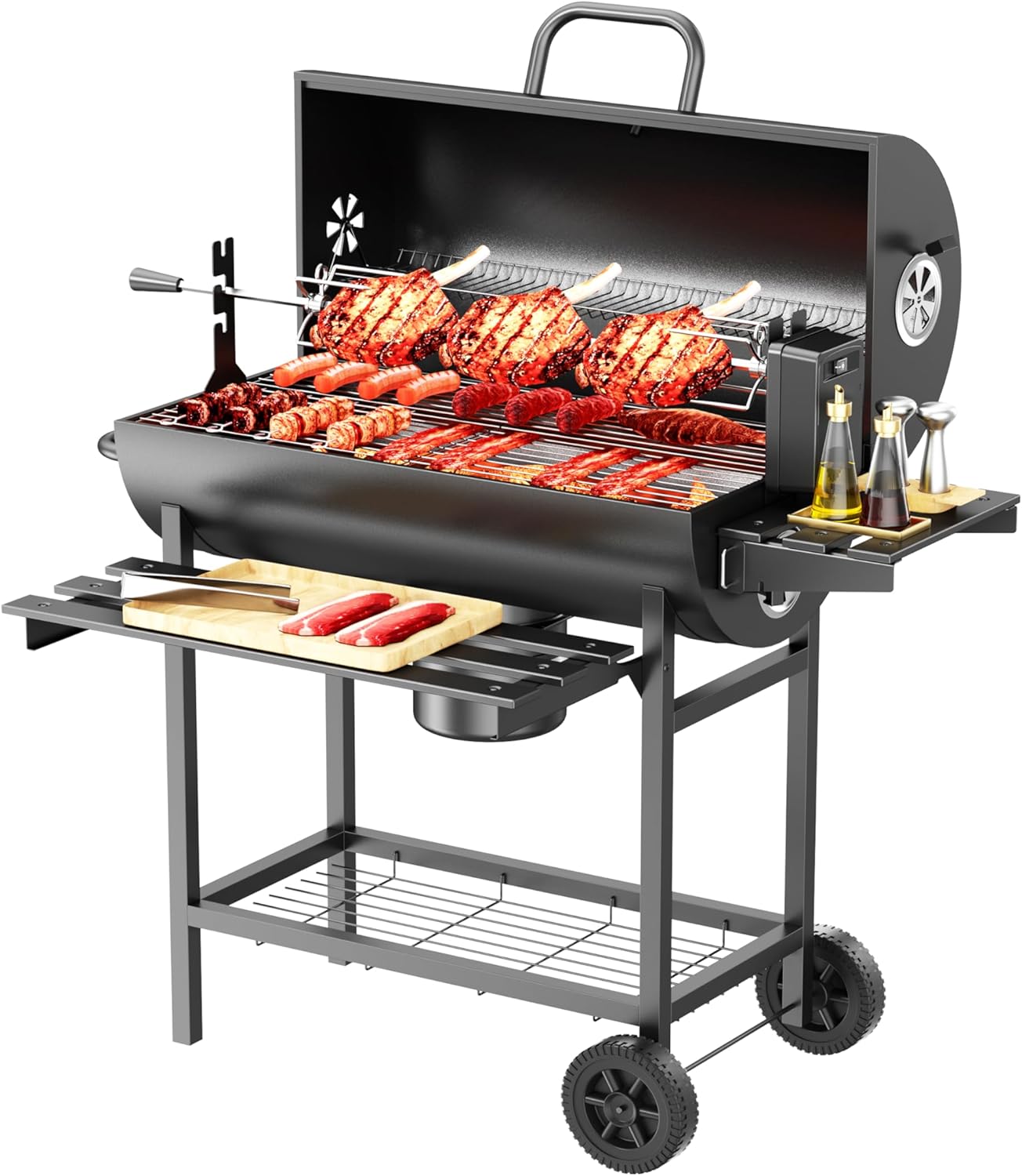 MXLENOBLE Asador de Carbon con Rotación Eléctrica,MXLENOBLE Parrilla de Carbón con temperatura controlada en Forma de Barril (Rotación-Grande - horno individual)