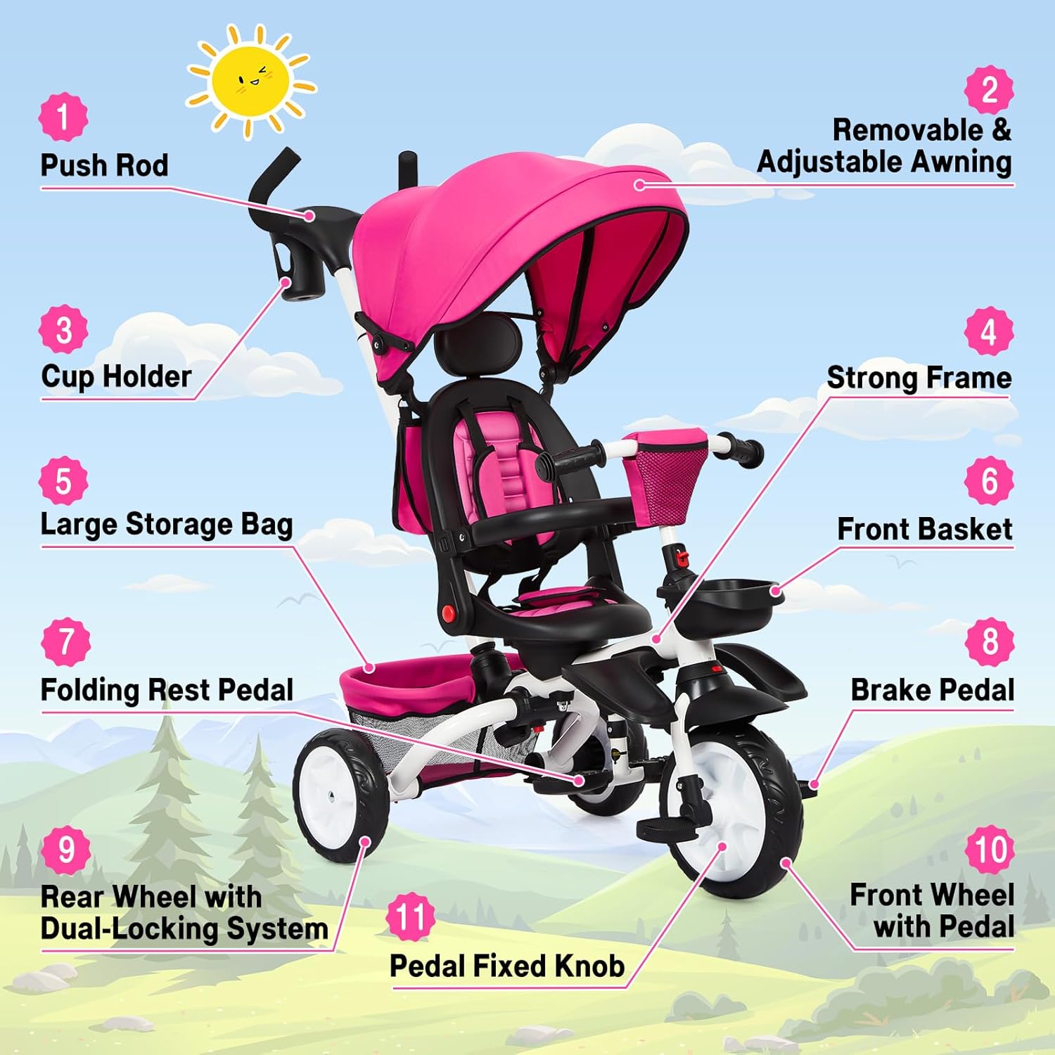 Babevy - Triciclo para bebé, 7 en 1, Plegable con Mango de Empuje Ajustable extraíble, toldo, Asiento Giratorio, arnés de Seguridad, portavasos y Almacenamiento, Triciclo para niños de 1 a 5 años