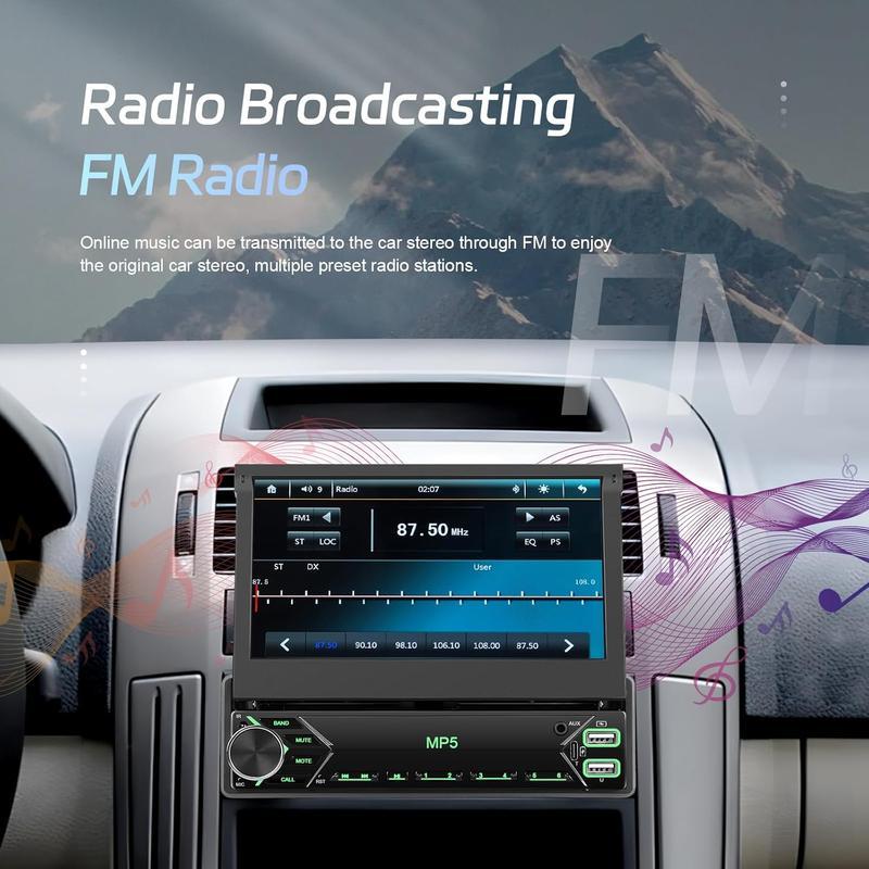 Autorradio de 1 DIN con pantalla táctil de 7 pulgadas, radio para coche con pantalla abatible, Bluetooth, radio FM, función Mirror Link para teléfonos Android/iOS, compatible con tarjetas TF/USB, incluye cámara y micrófono.