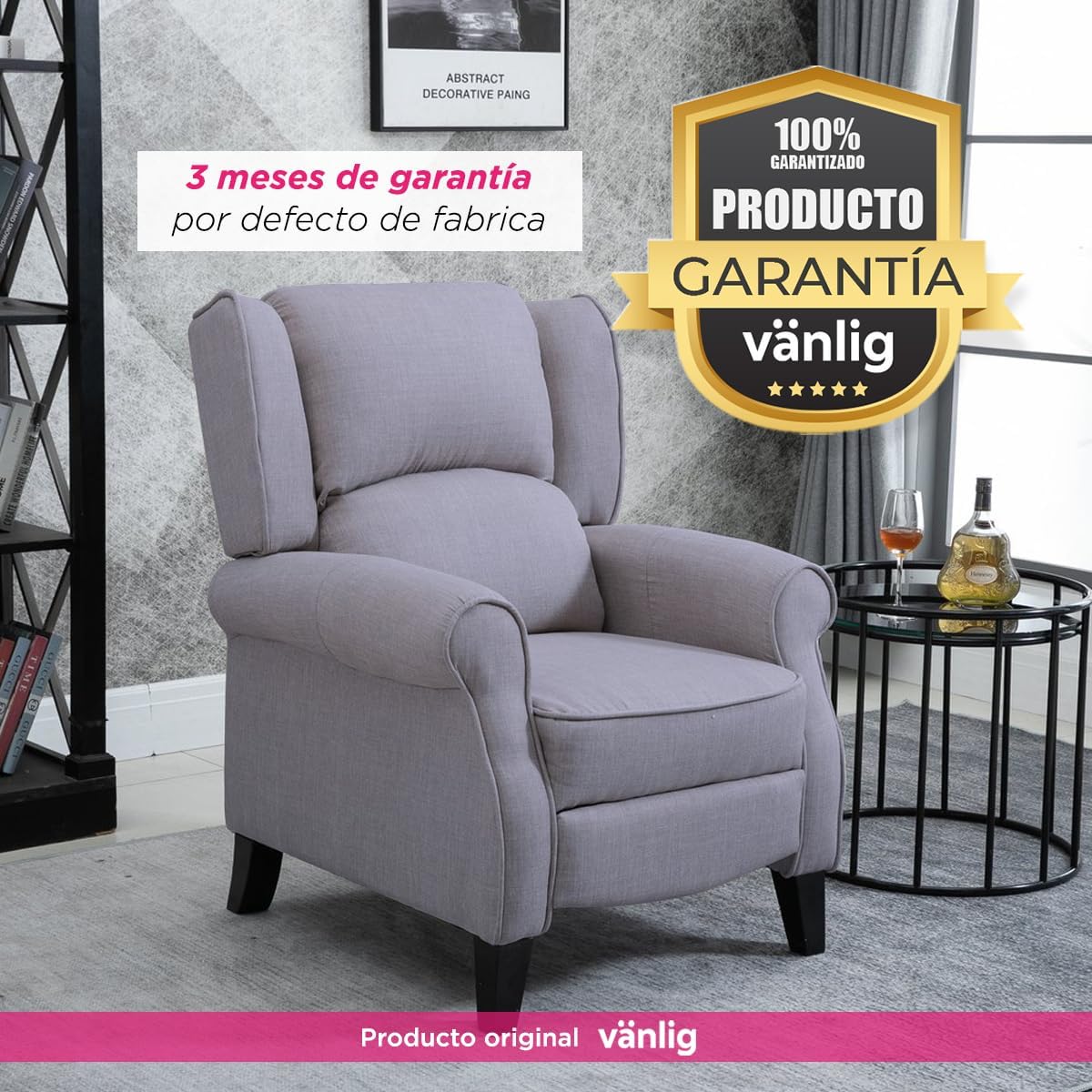 VANLIG | Sillón Reclinable Manual de Tela | Reposet Confortable Individual | Ajustable | Espuma Alta Densidad | Fácil Instalación | Material Premium | Color Gris