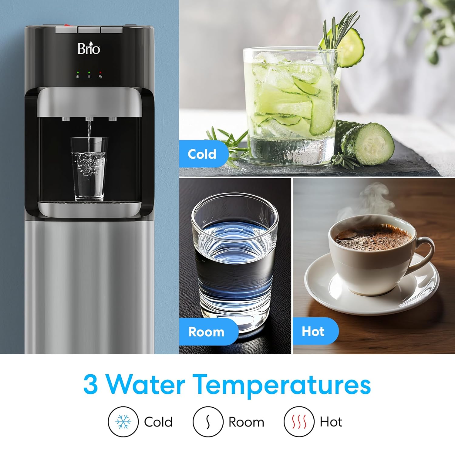 Brio Dispensador de enfriador de agua de carga inferior para botellas de 5 galones, 3 temperaturas con boquillas calientes, habitación y frías, bloqueo de seguridad infantil, visualización LED con alerta de botella vacía, acero inoxidable