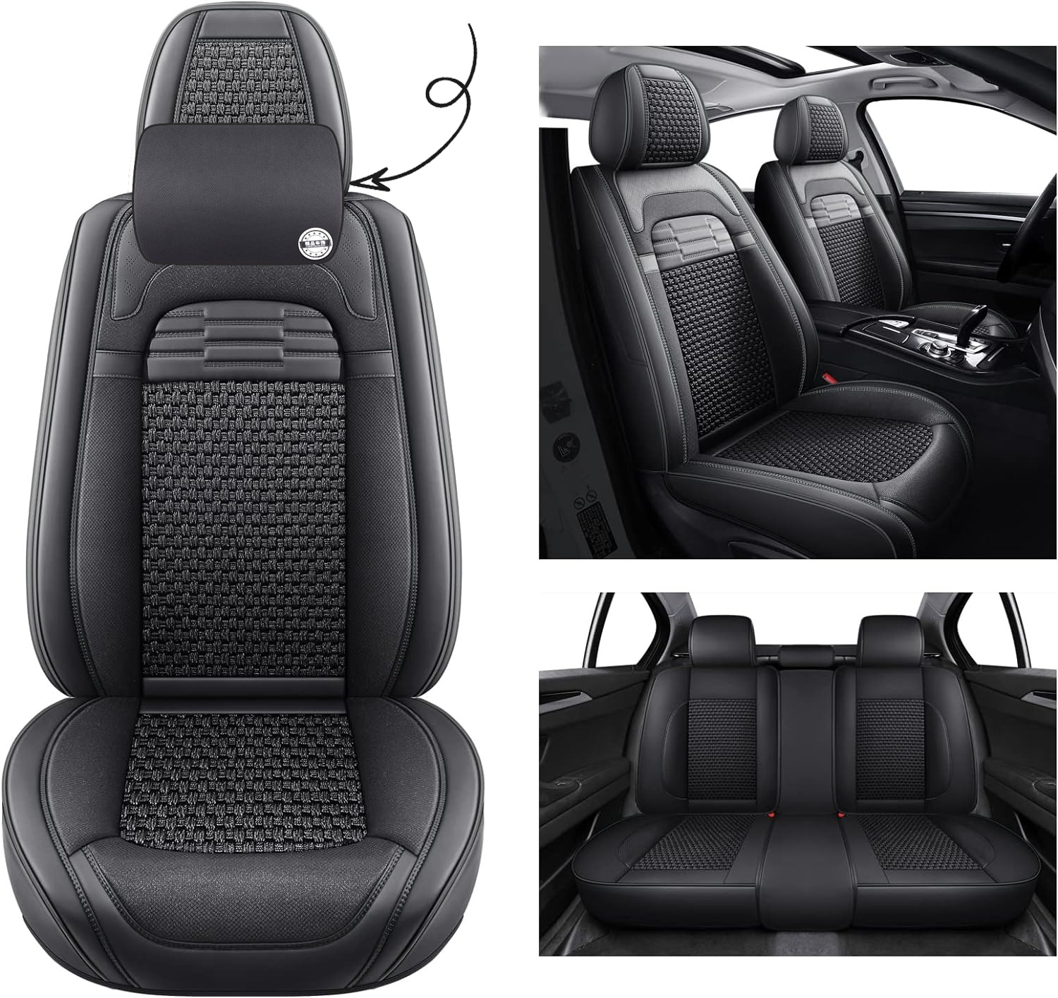 hikeaglauto Juego completo de fundas de asiento de coche, de piel sintética para autos, SUV, súper transpirables, universales, para la mayoría de los sedanes (juego completo, negro)