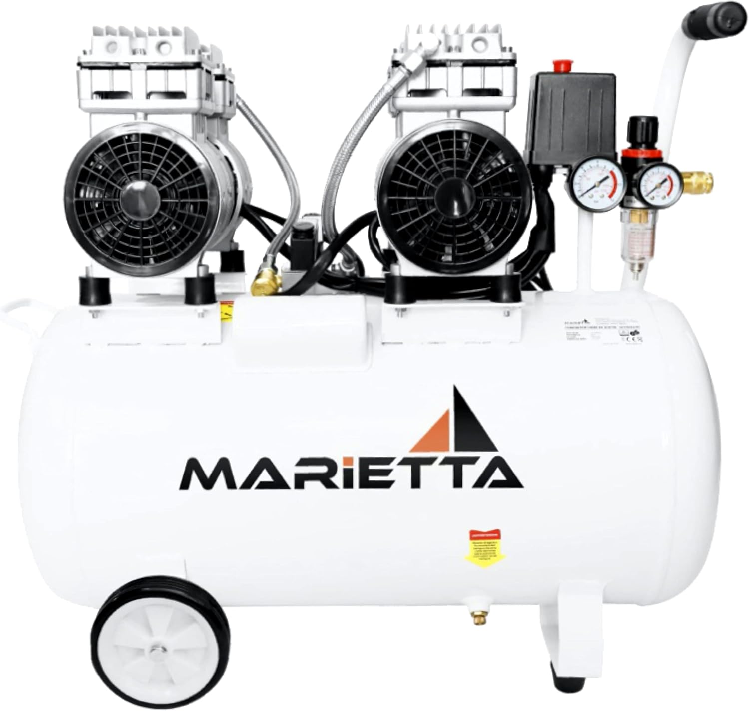 MARIETTA 2HP 50L: Compresor de Aire Silencioso - Compresor robusto de llenado rápido con 2 HP y tanque de 50L. Doble Motor Libre de Aceite.