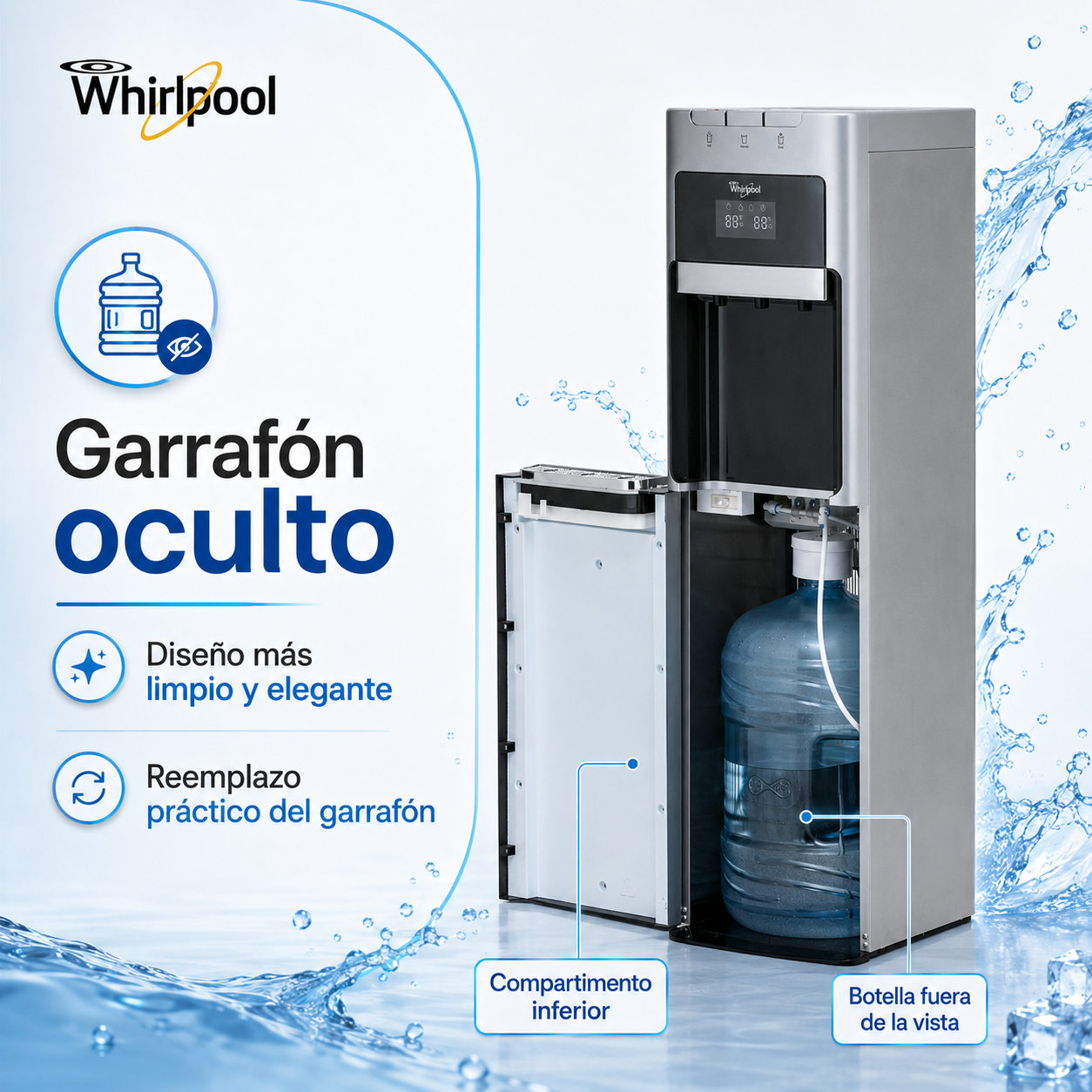 Whirlpool WK5915BD Dispensador de Agua con Garrafón Oculto, Agua Fría y Caliente, Indicador LED, Diseño Moderno