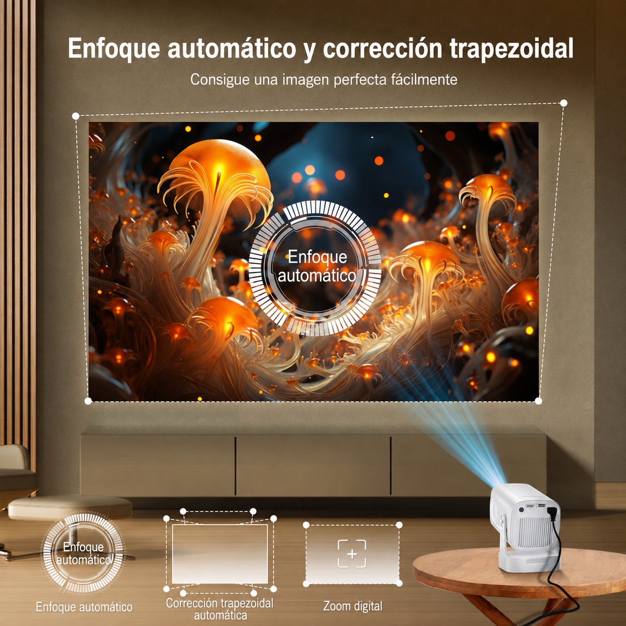 [Enfoque automático] Mini proyector nativo 1080P con WiFi y Bluetooth 5.4, proyector inteligente 4K, aplicaciones integradas, piedra clave automática, proyector portátil para películas al aire última