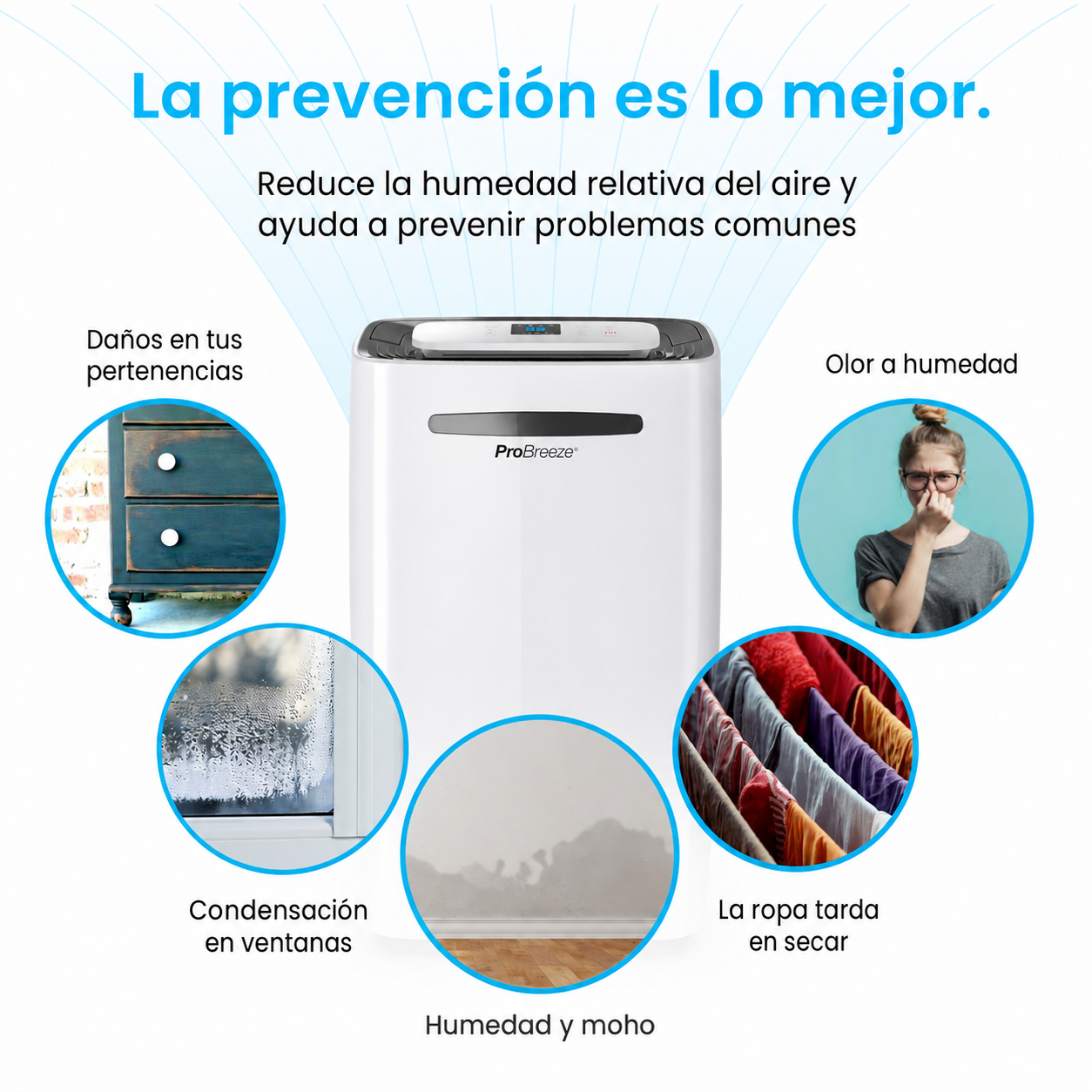 Pro Breeze Deshumidificador 50 Pintas (20 L), Compresor, Depósito Extraíble, Desagüe Continuo, Pantalla Digital, 4 Modos y Temporizador 24 h, para Habitaciones Grandes y Sótanos