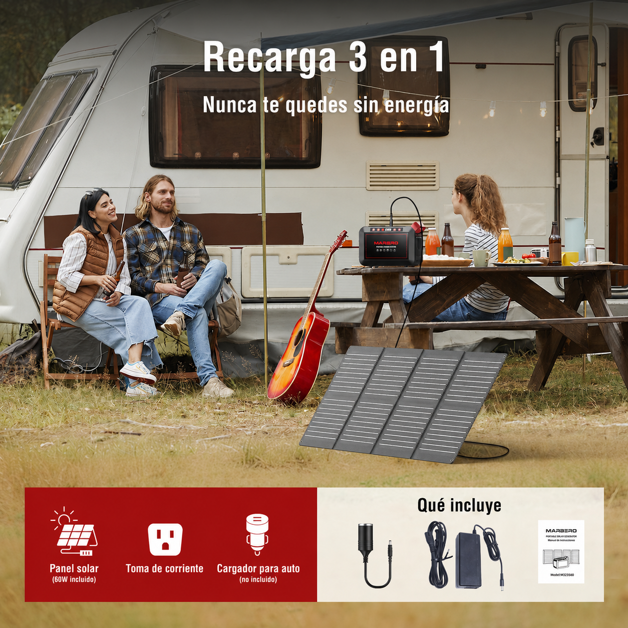 Estación de Energía Portátil MARBERO M823 con Panel Solar, 237 Wh / 64,000 mAh, 300 W y Onda Sinusoidal Pura
