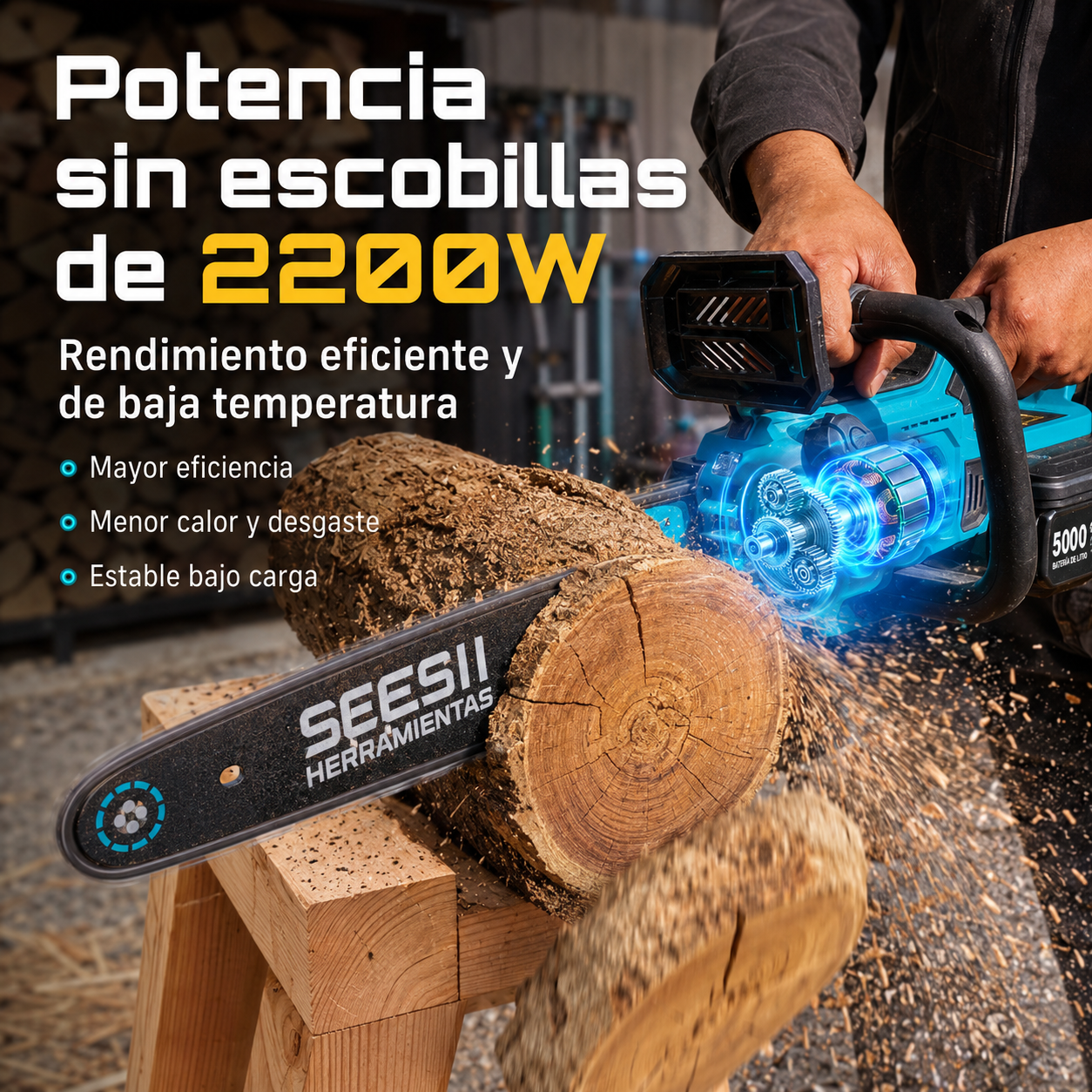 SEESII Motosierra a Batería 40V de 18", 2200W, 2 Baterías de 5.0 Ah, 30 FT/S, Lubricación Automática para Corte y Poda
