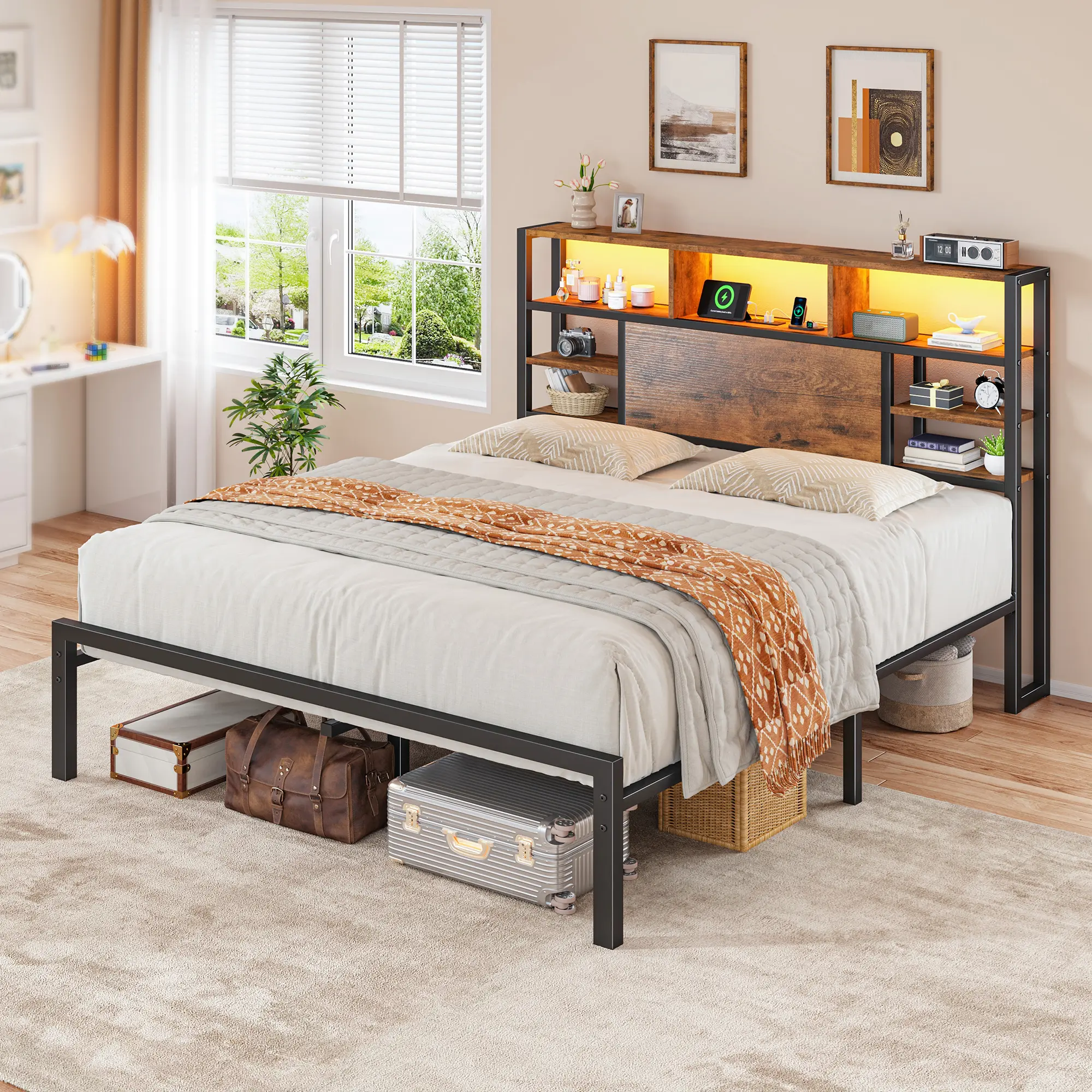 Estructura de cama Raybee con luces LED (tamaños Queen, King y Full), cabecero y estante de almacenamiento; diseño moderno e industrial de madera y metal con estación de carga integrada; silenciosa y resistente (capacidad de 900 libras); incluye somier de