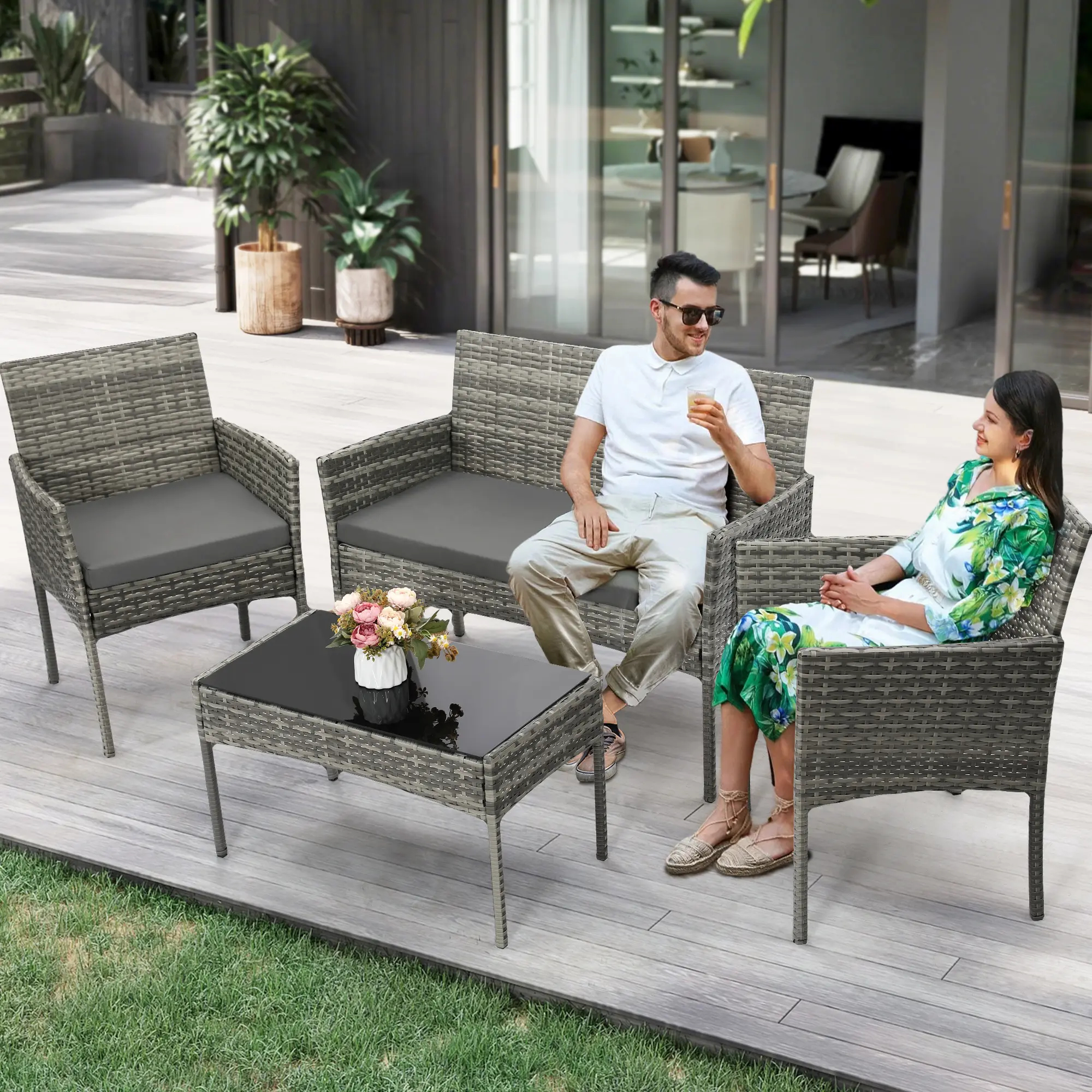 FDW - Juego de 4 Piezas de Muebles de Patio de Mimbre con Silla de ratán, Mesa de Centro para Exteriores, Interiores, jardín, Patio, Porche, terraza, balcón, Cojines de Mimbre Gris/Caqui