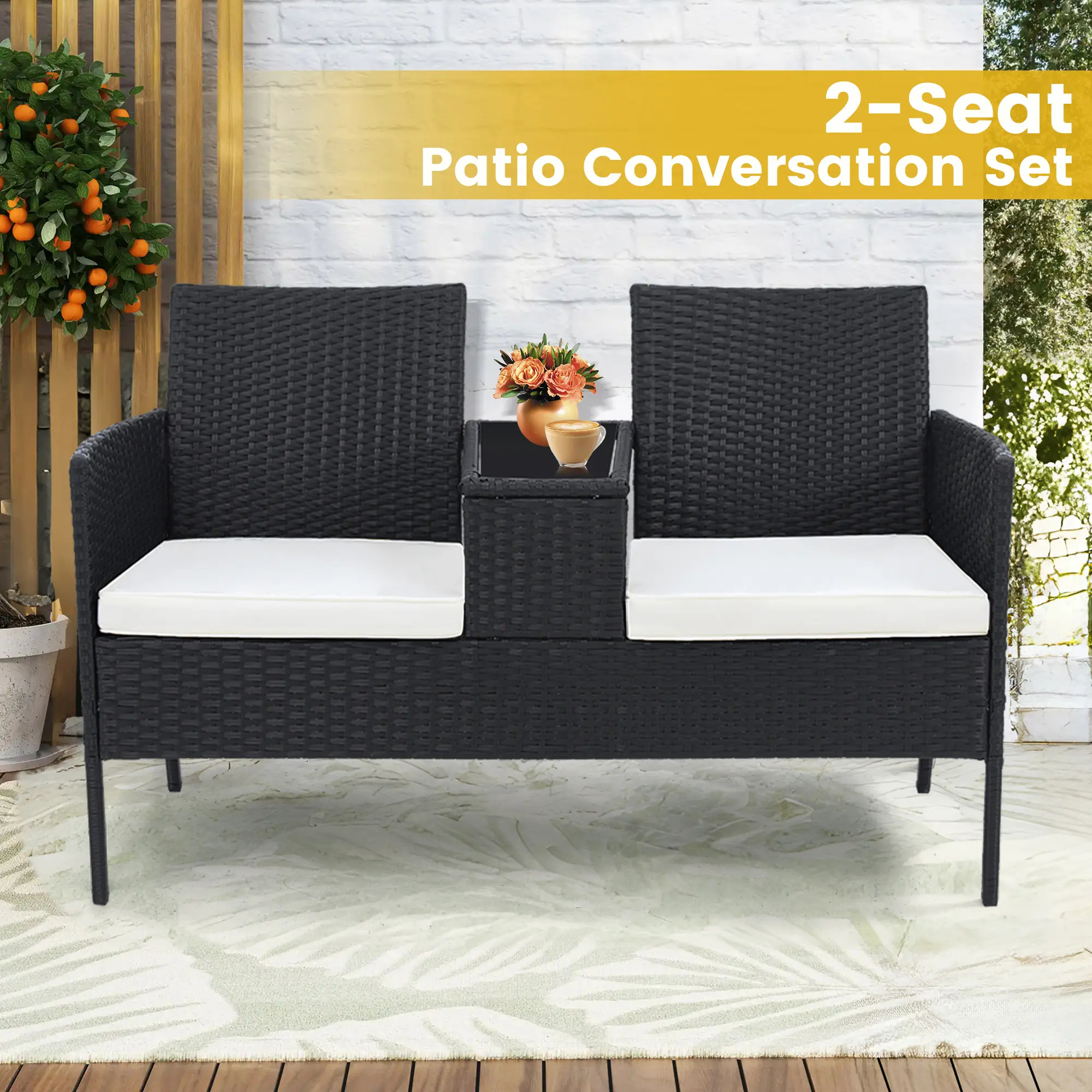 FDW - Juego de 4 Piezas de Muebles de Patio de Mimbre con Silla de ratán, Mesa de Centro para Exteriores, Interiores, jardín, Patio, Porche, terraza, balcón, Cojines de Mimbre Gris/Caqui