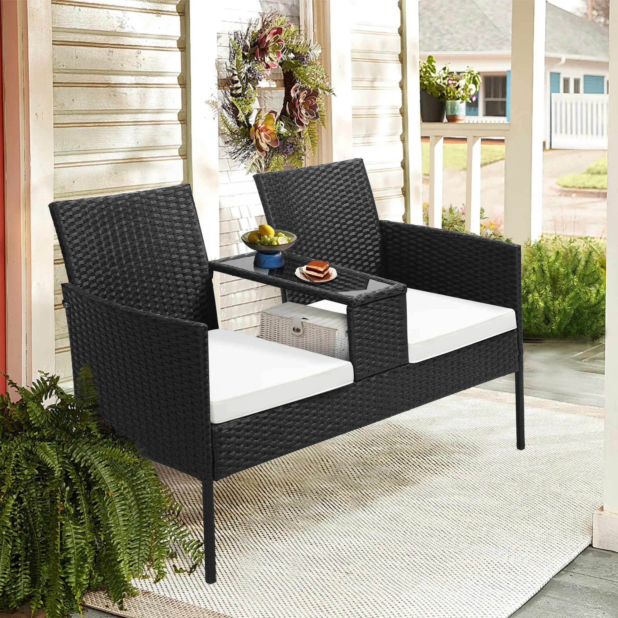 FDW - Juego de 4 Piezas de Muebles de Patio de Mimbre con Silla de ratán, Mesa de Centro para Exteriores, Interiores, jardín, Patio, Porche, terraza, balcón, Cojines de Mimbre Gris/Caqui